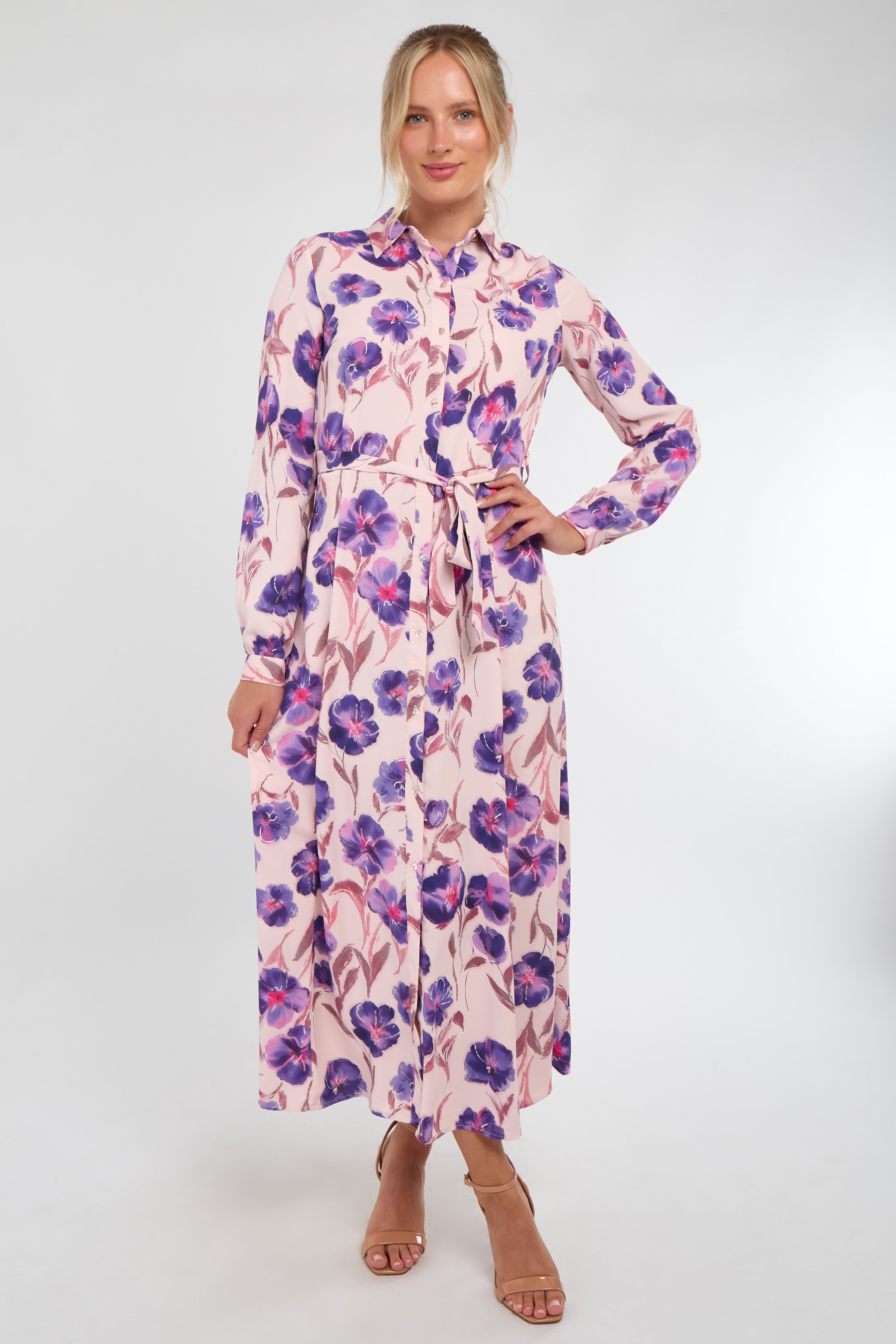 Purple Floral Print Blush Maxi Shirt Dress
