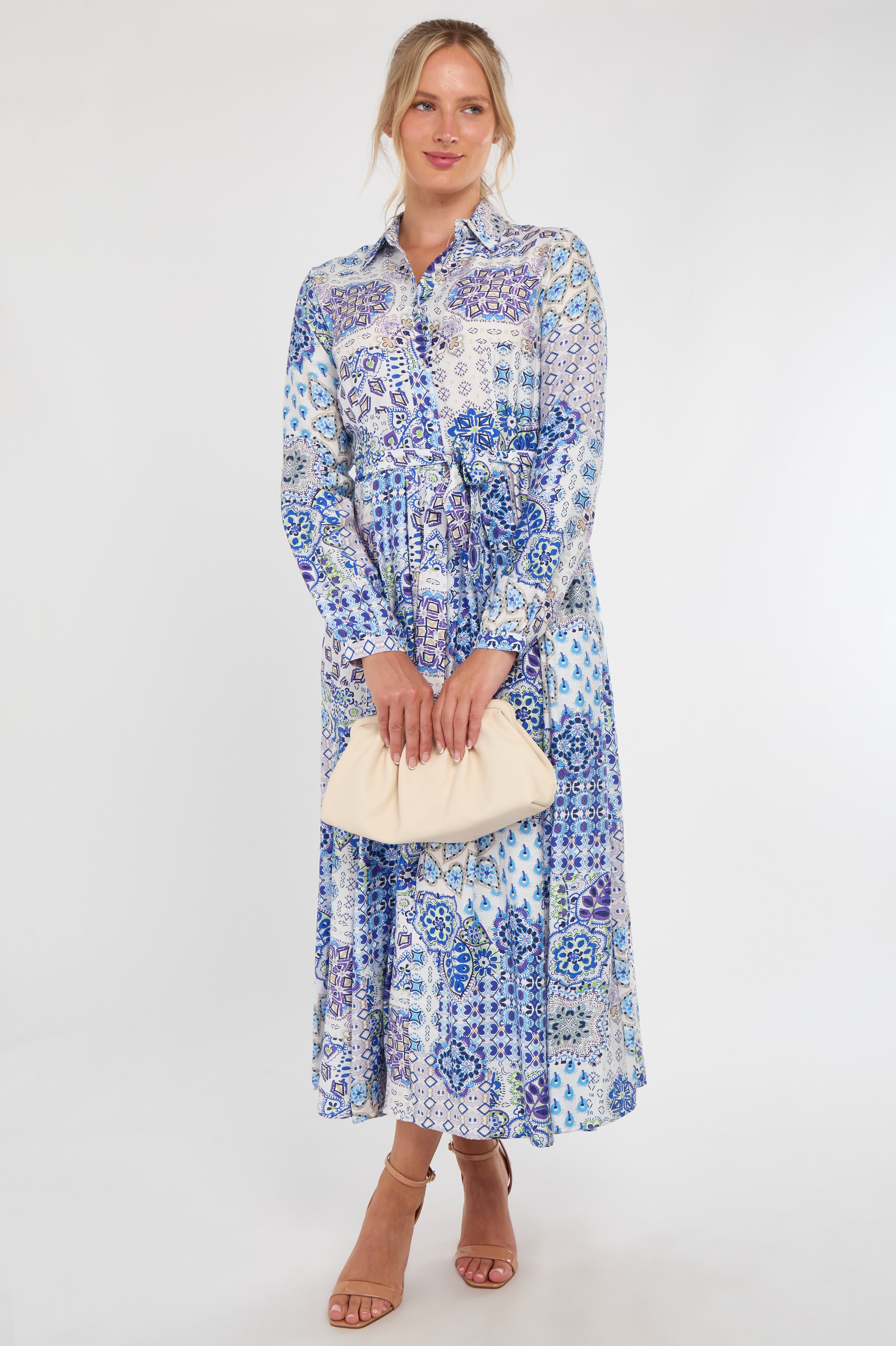Blue and White Tile Print Maxi Shirt Dress