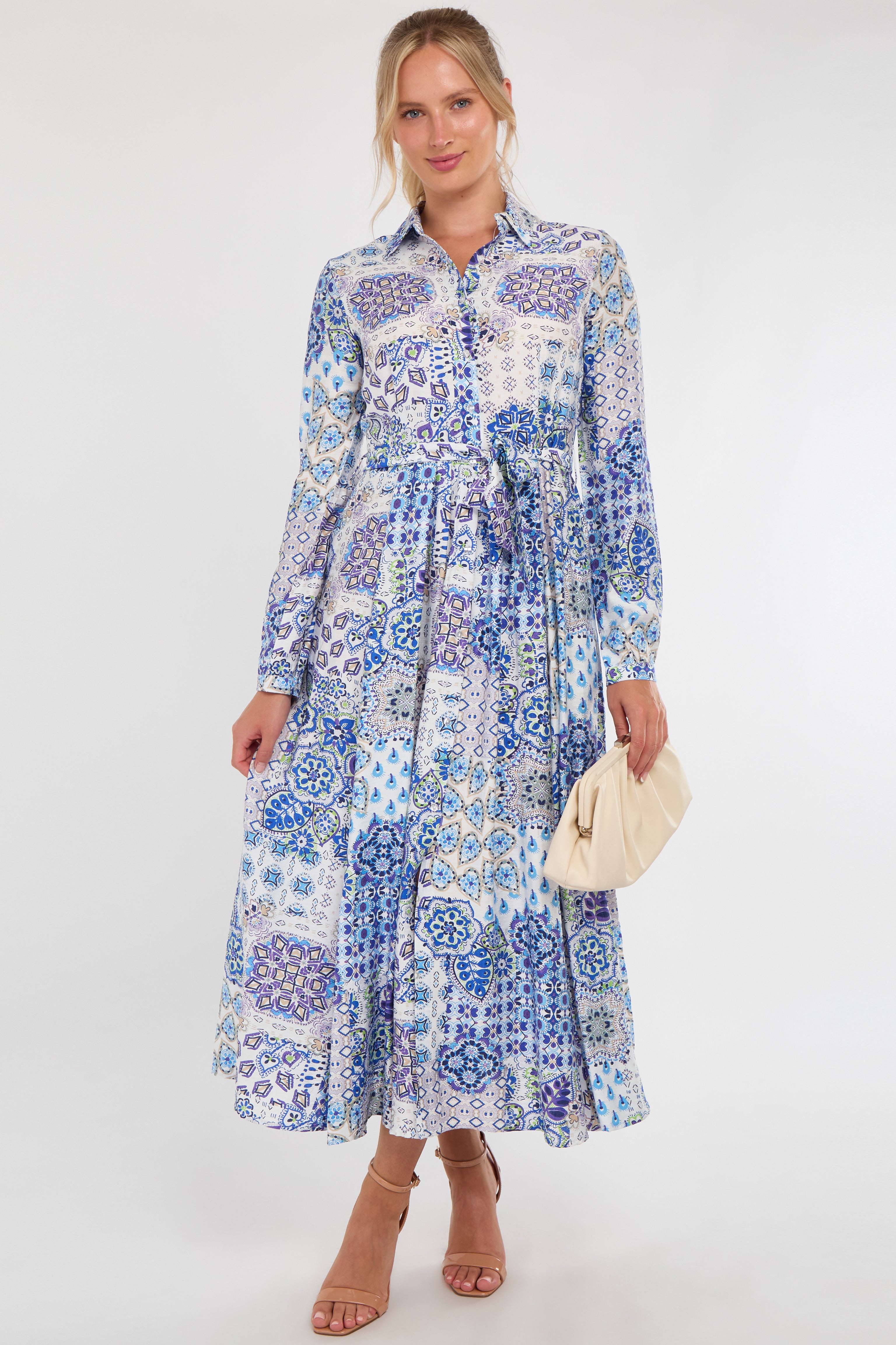 Blue and White Tile Print Maxi Shirt Dress