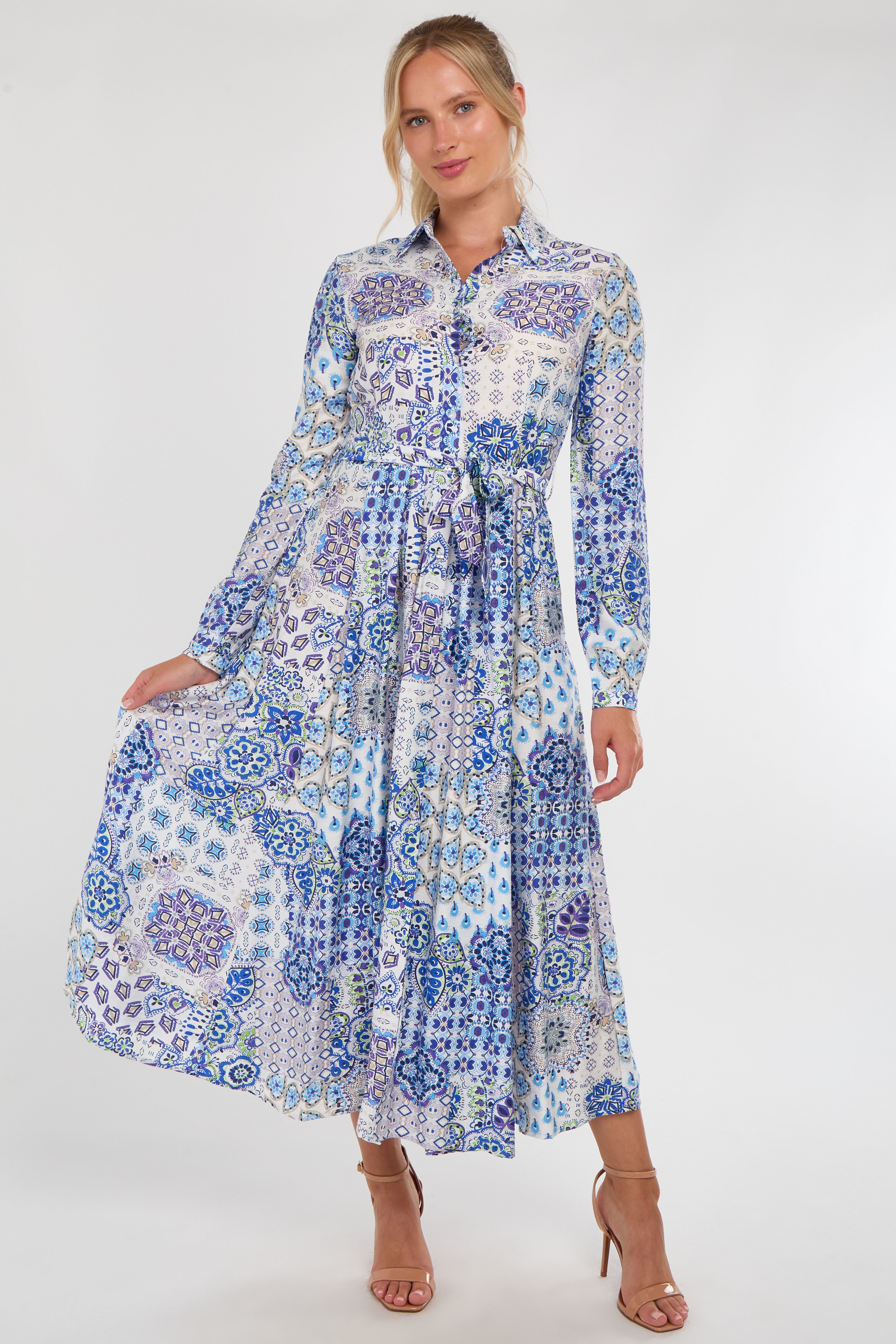 Blue and White Tile Print Maxi Shirt Dress