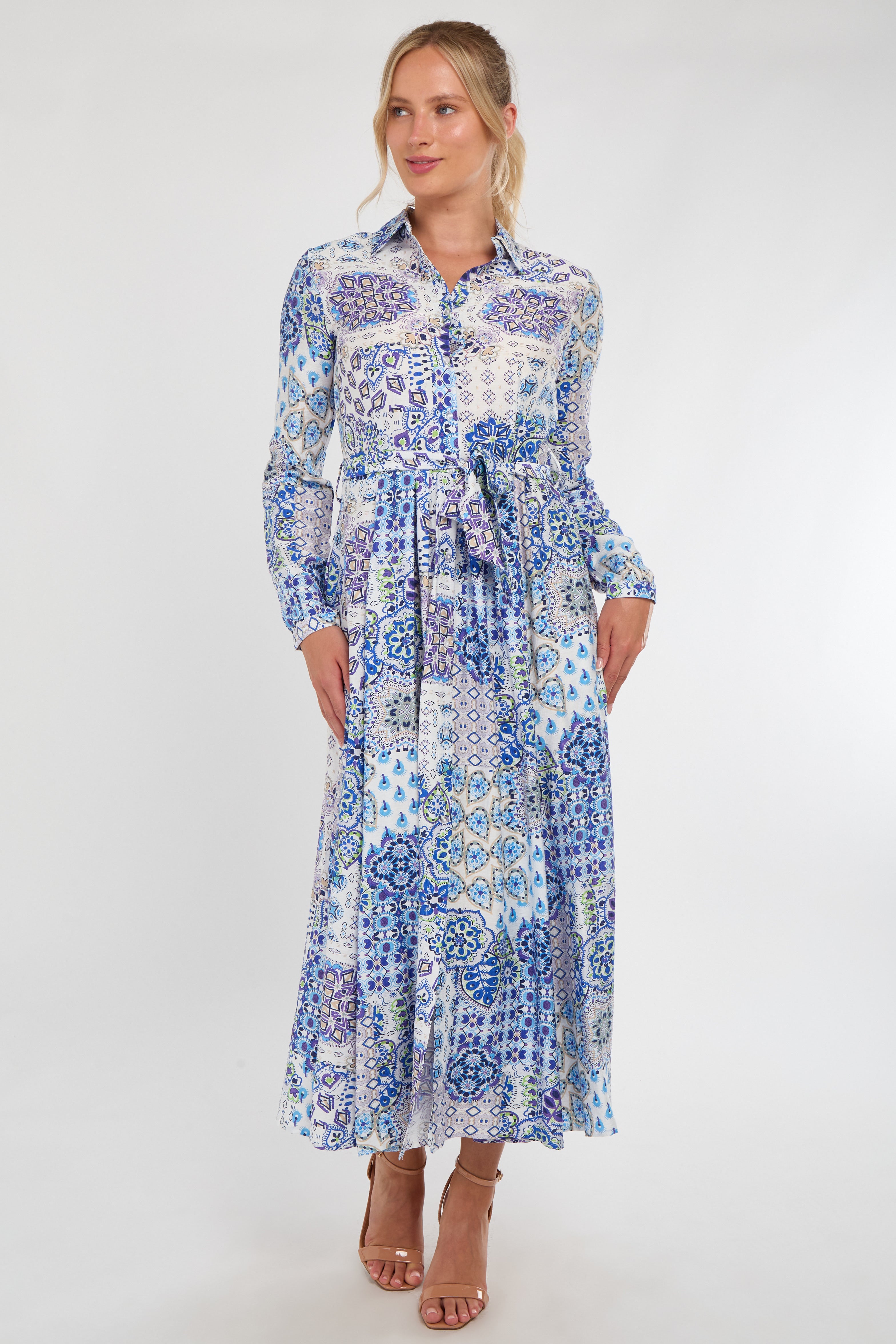 Blue and White Tile Print Maxi Shirt Dress