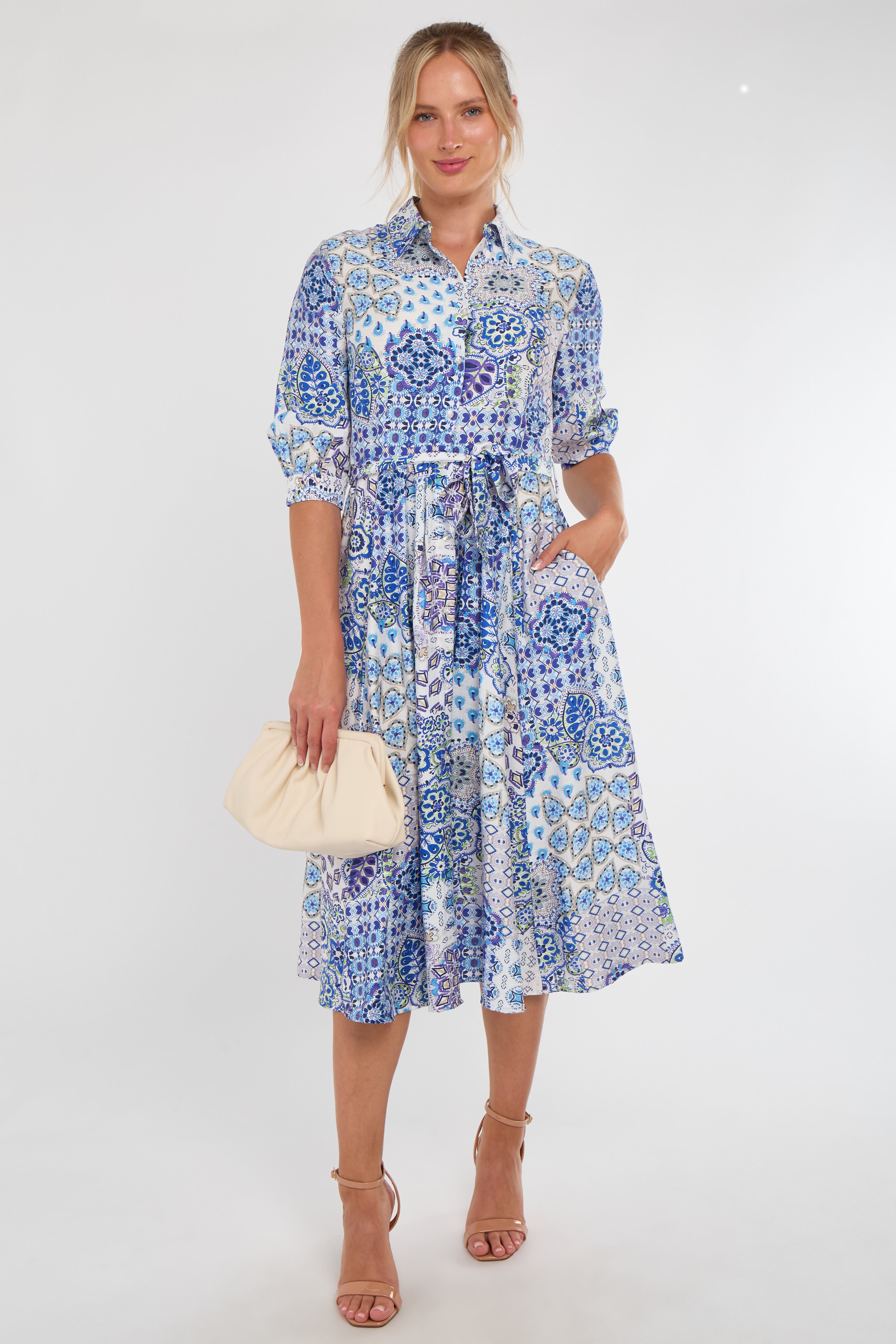 Blue Tile Print Half Sleeve Midi Shirt Dress