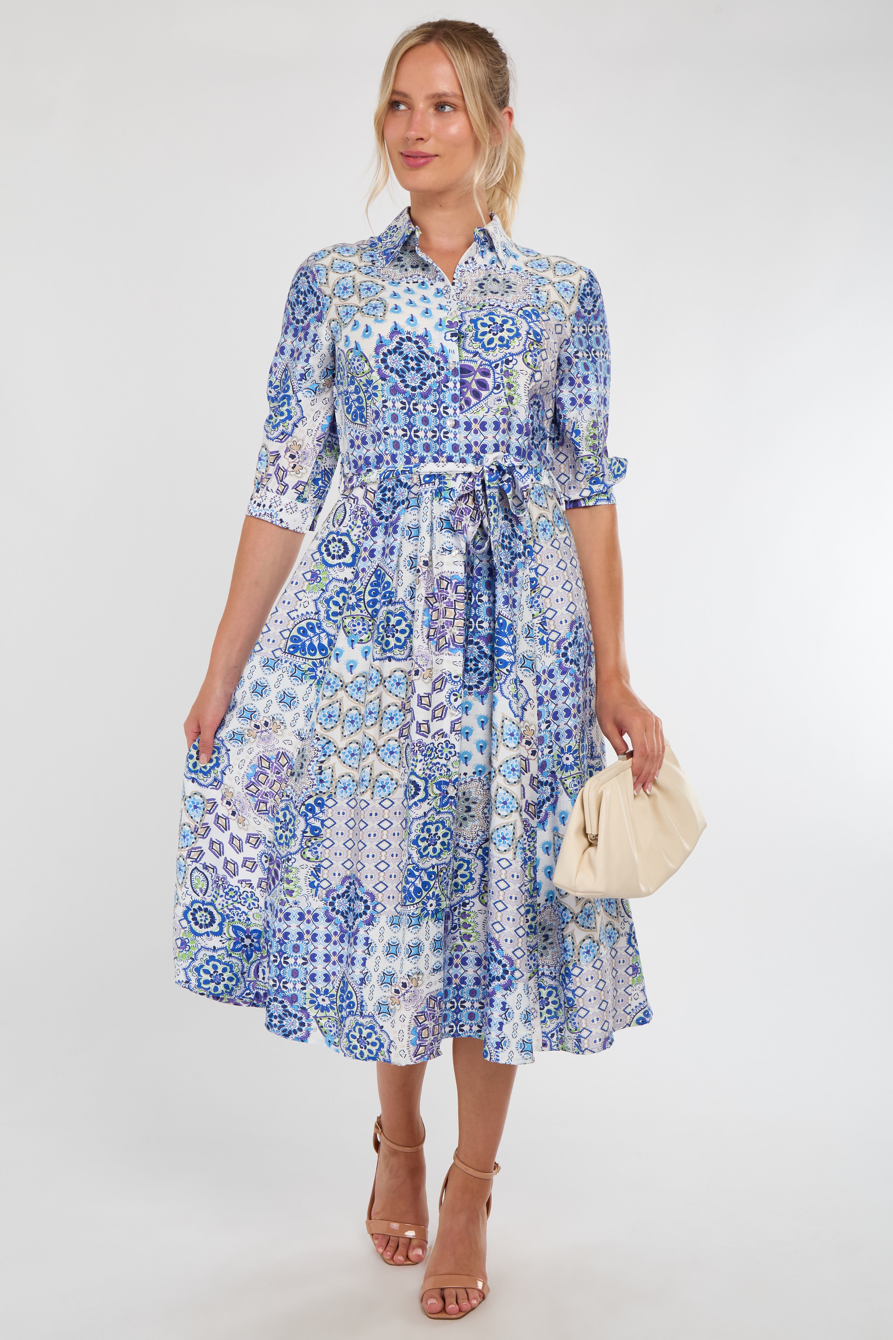 Blue Tile Print Half Sleeve Midi Shirt Dress