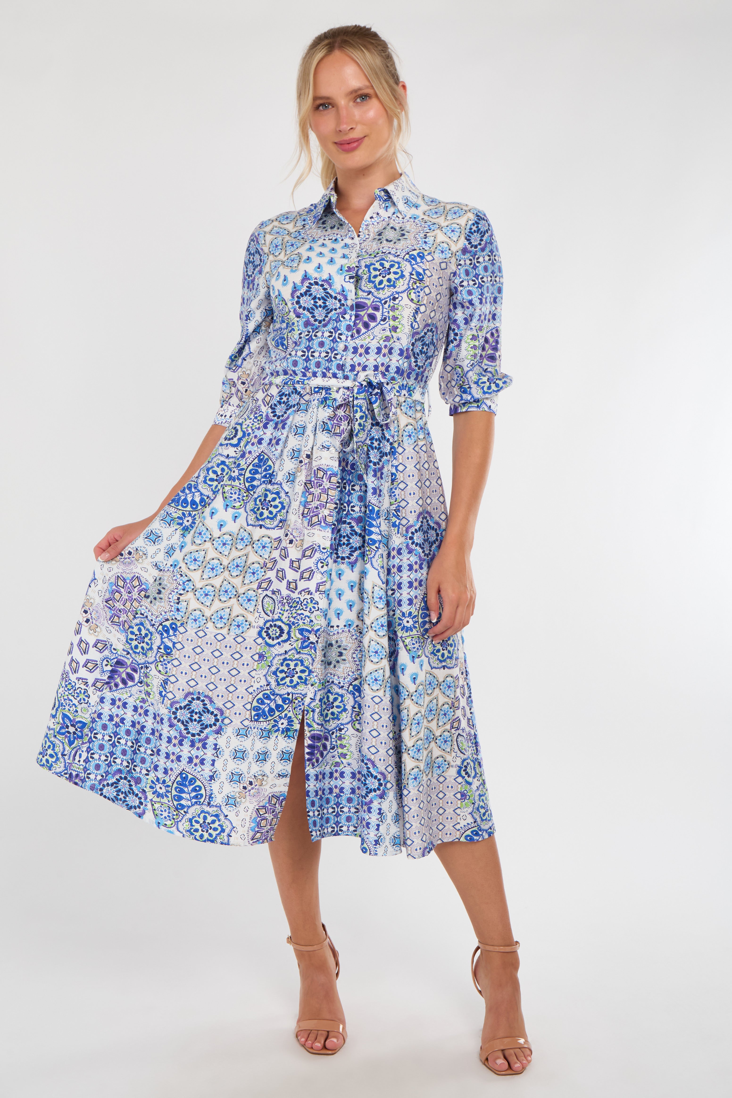 Blue Tile Print Half Sleeve Midi Shirt Dress