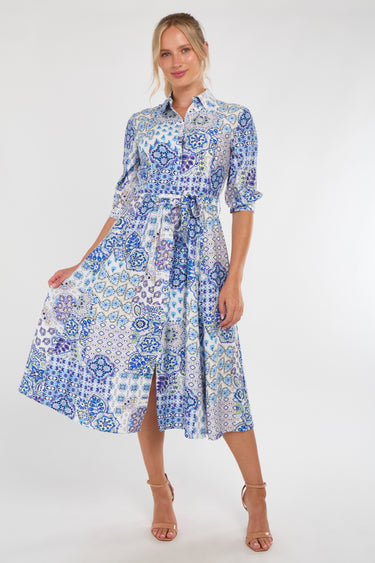 Blue Tile Print Half Sleeve Midi Shirt Dress