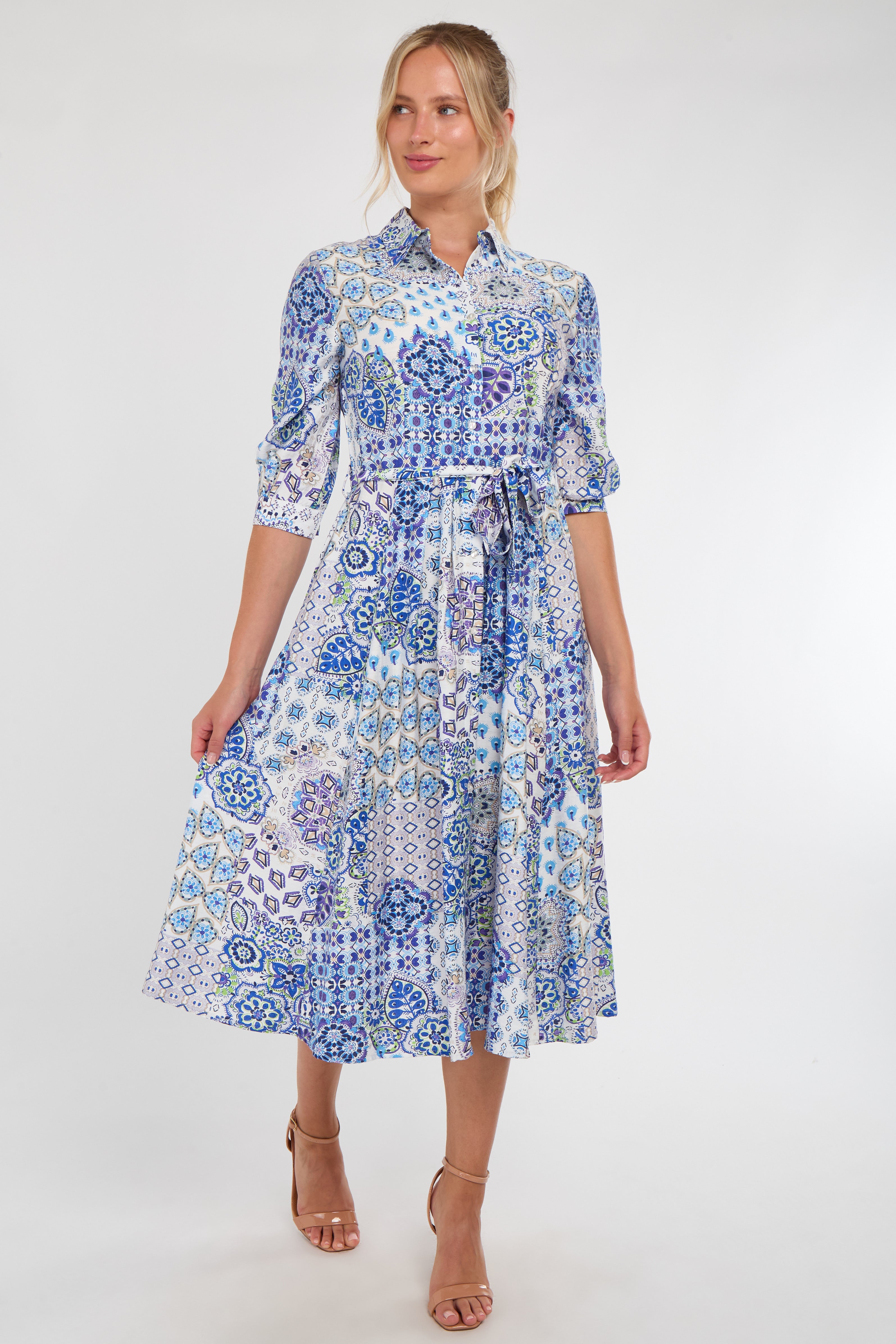 Blue Tile Print Half Sleeve Midi Shirt Dress