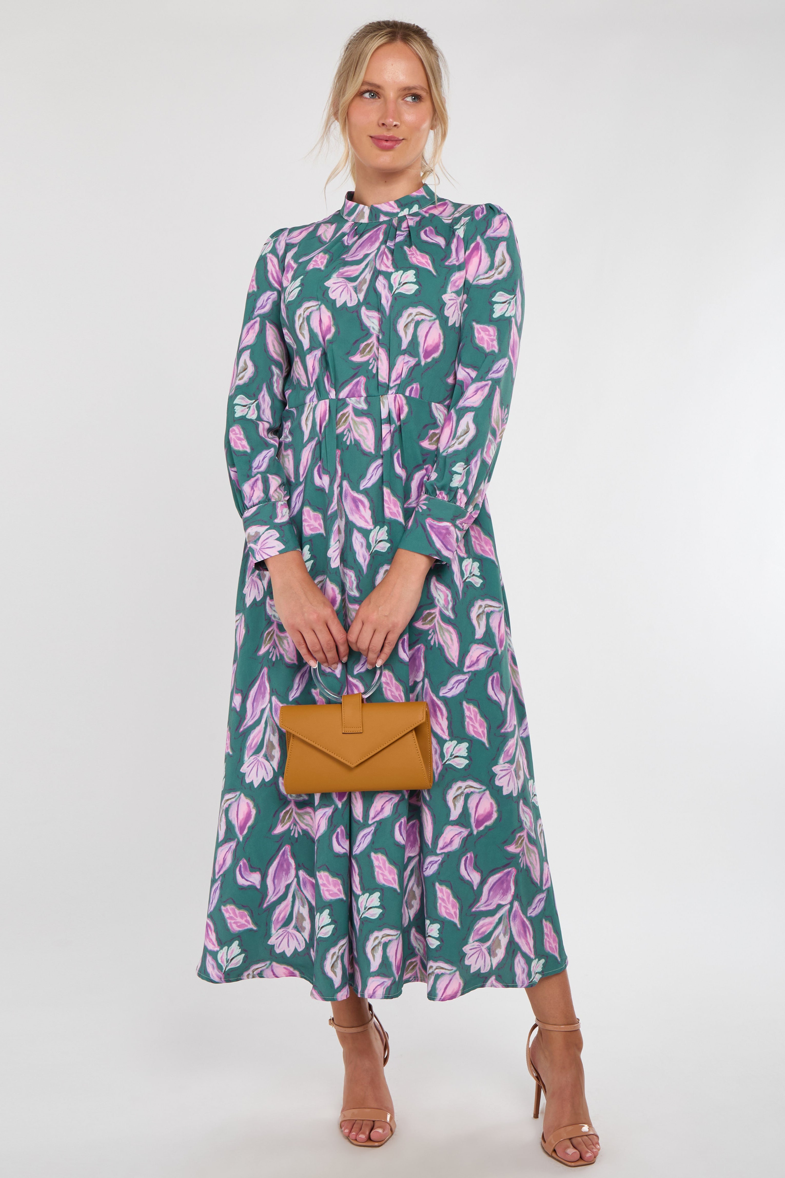 Teal and Lilac Leaf Print Pleated Skirt Maxi Dress