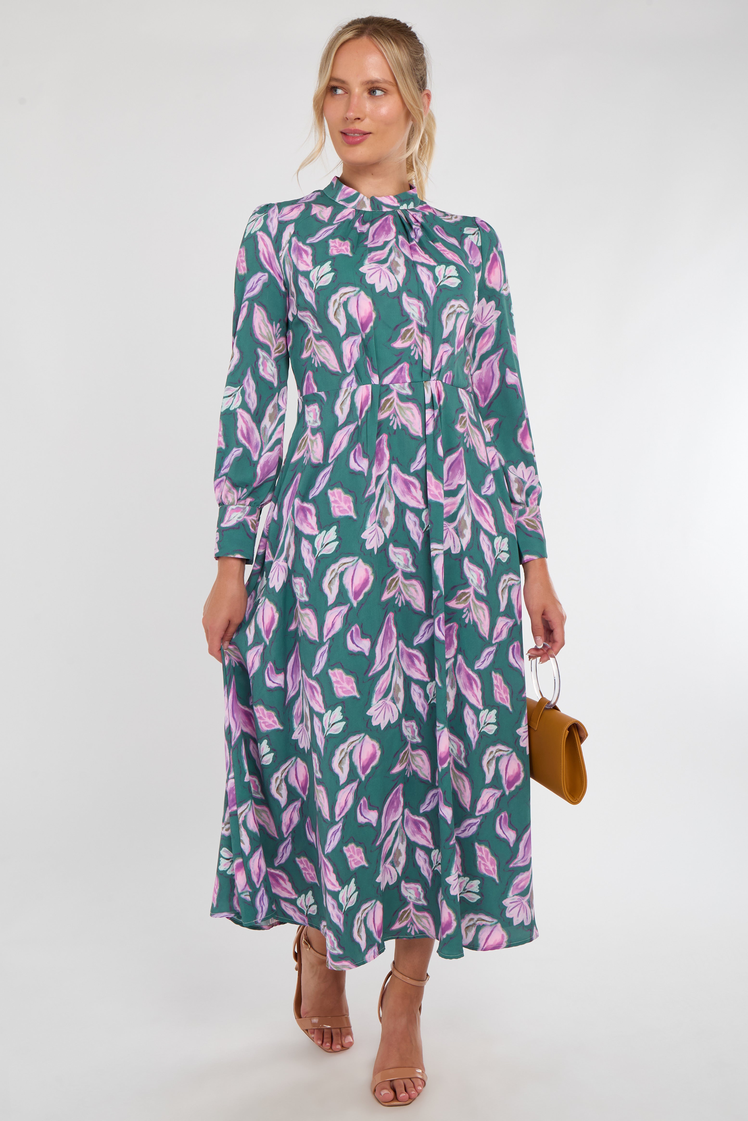 Teal and Lilac Leaf Print Pleated Skirt Maxi Dress