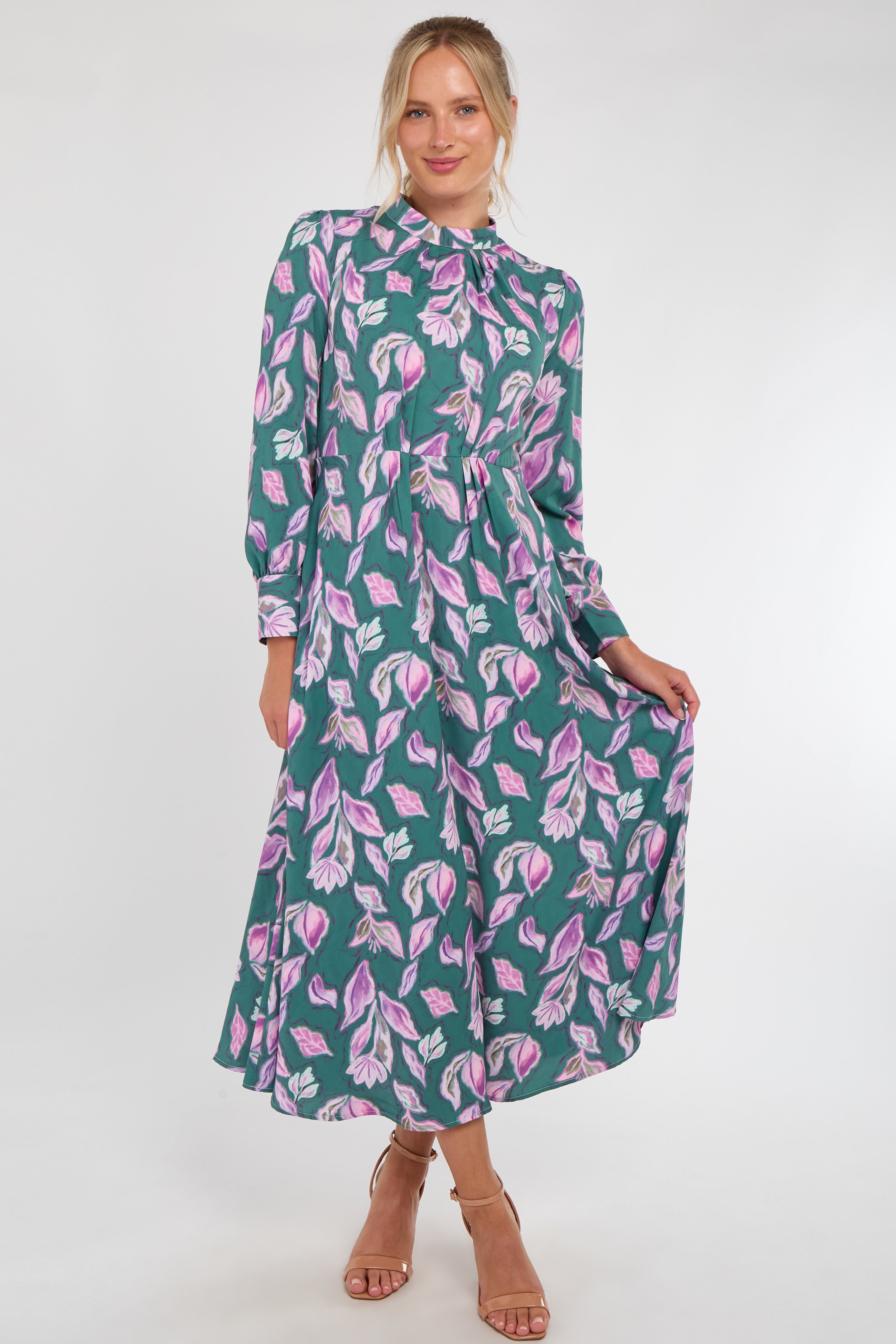 Teal and Lilac Leaf Print Pleated Skirt Maxi Dress