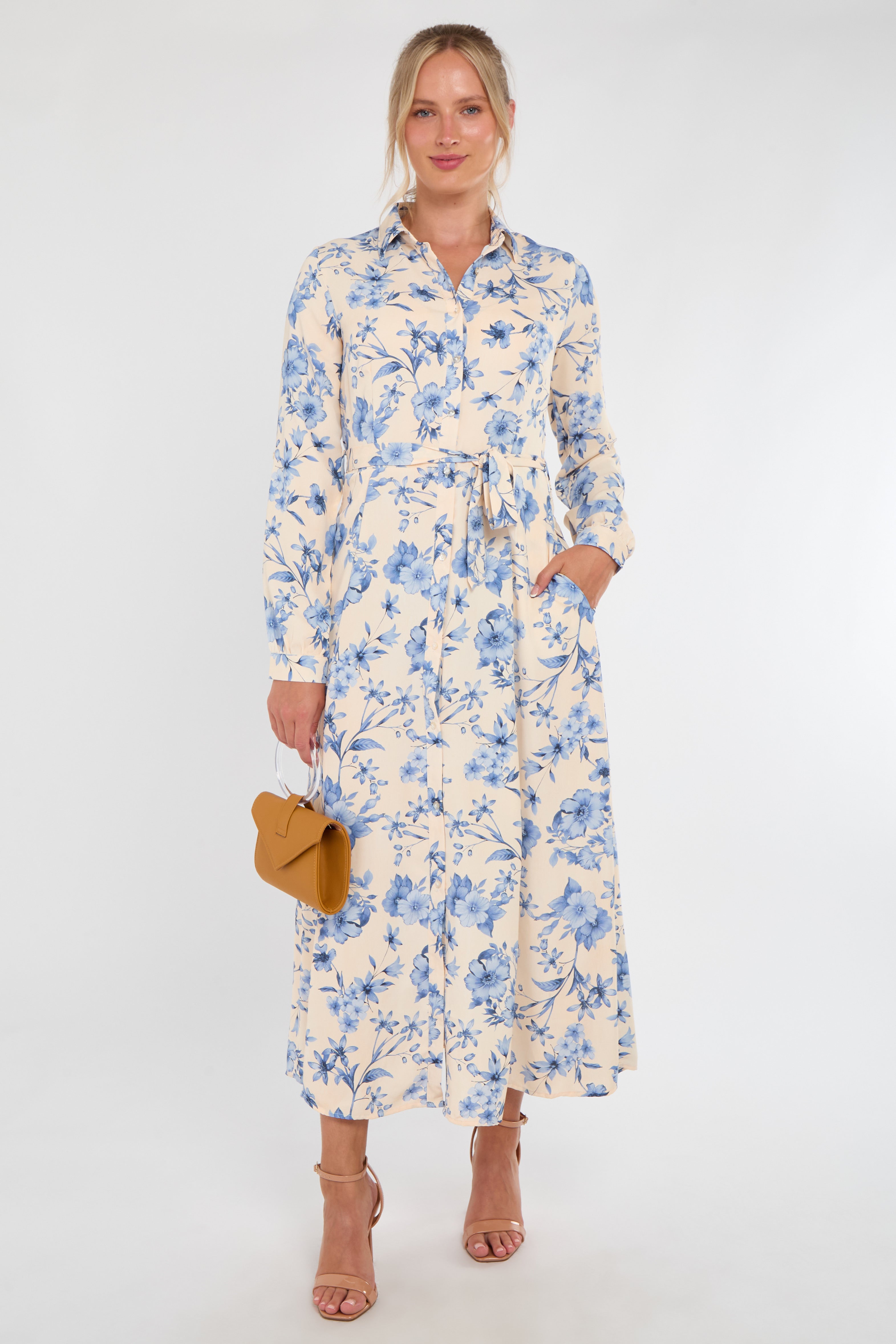 Cream and Blue Floral Print Maxi Shirt Dress