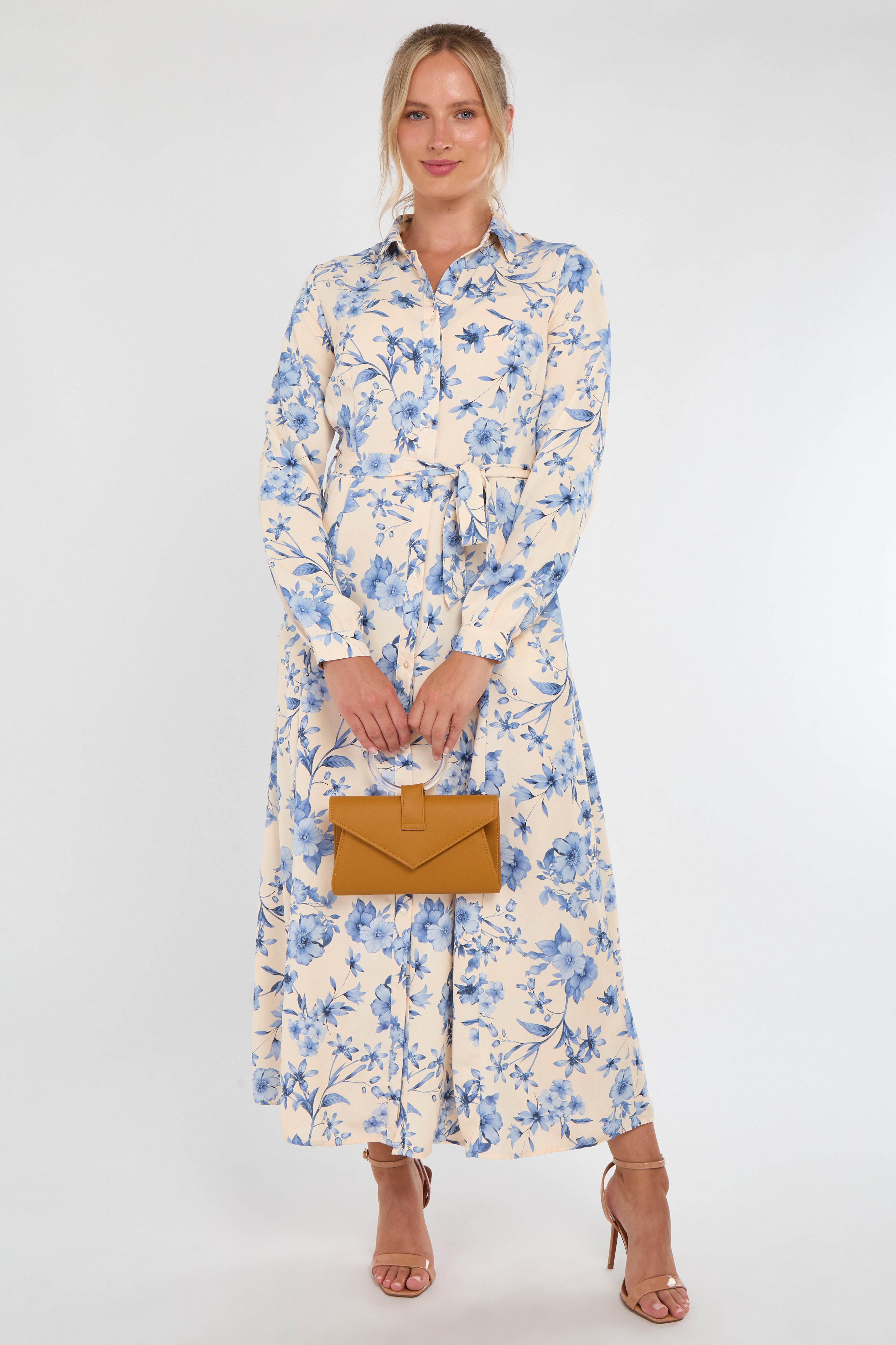 Cream and Blue Floral Print Maxi Shirt Dress
