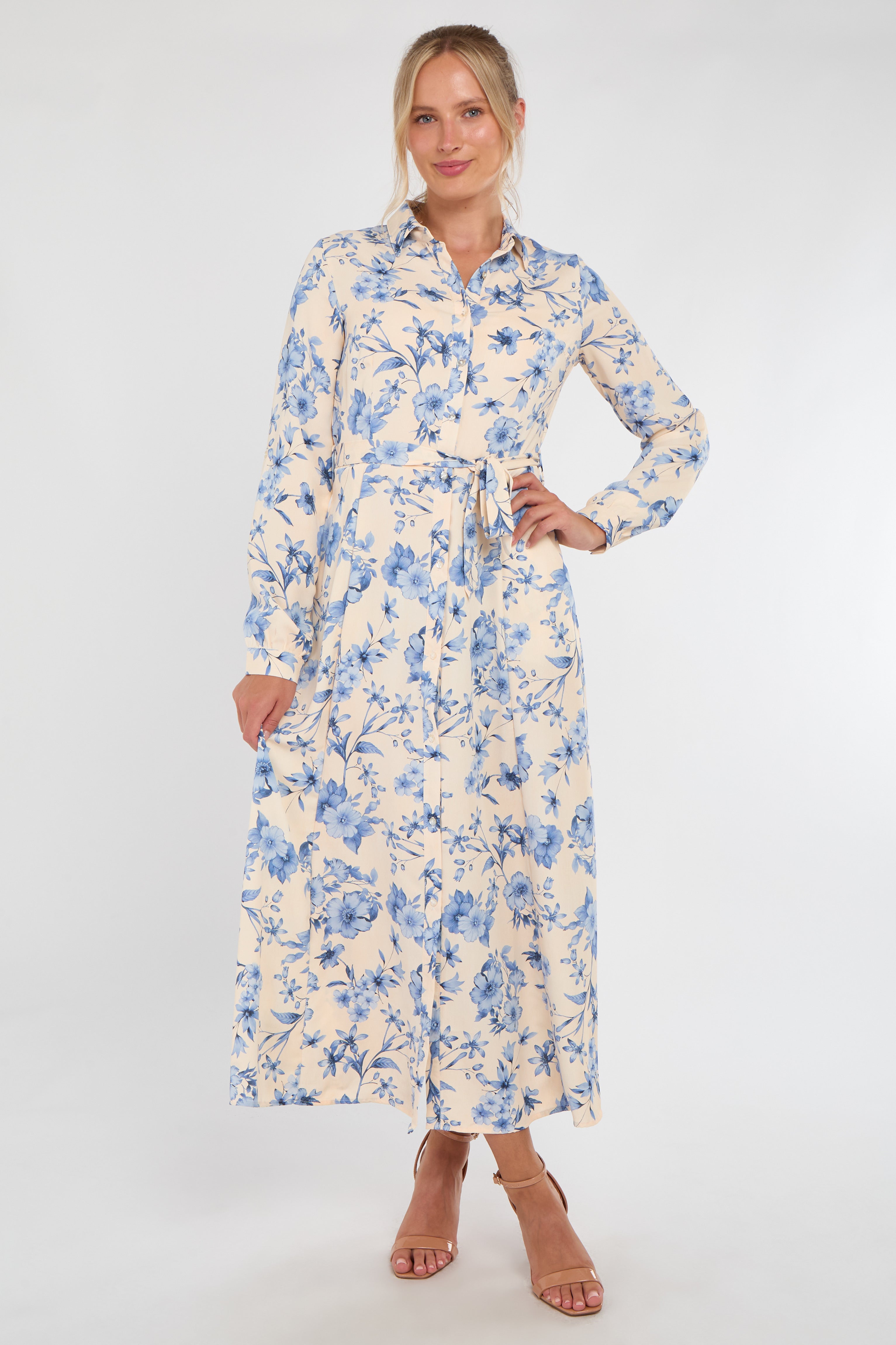 Cream and Blue Floral Print Maxi Shirt Dress