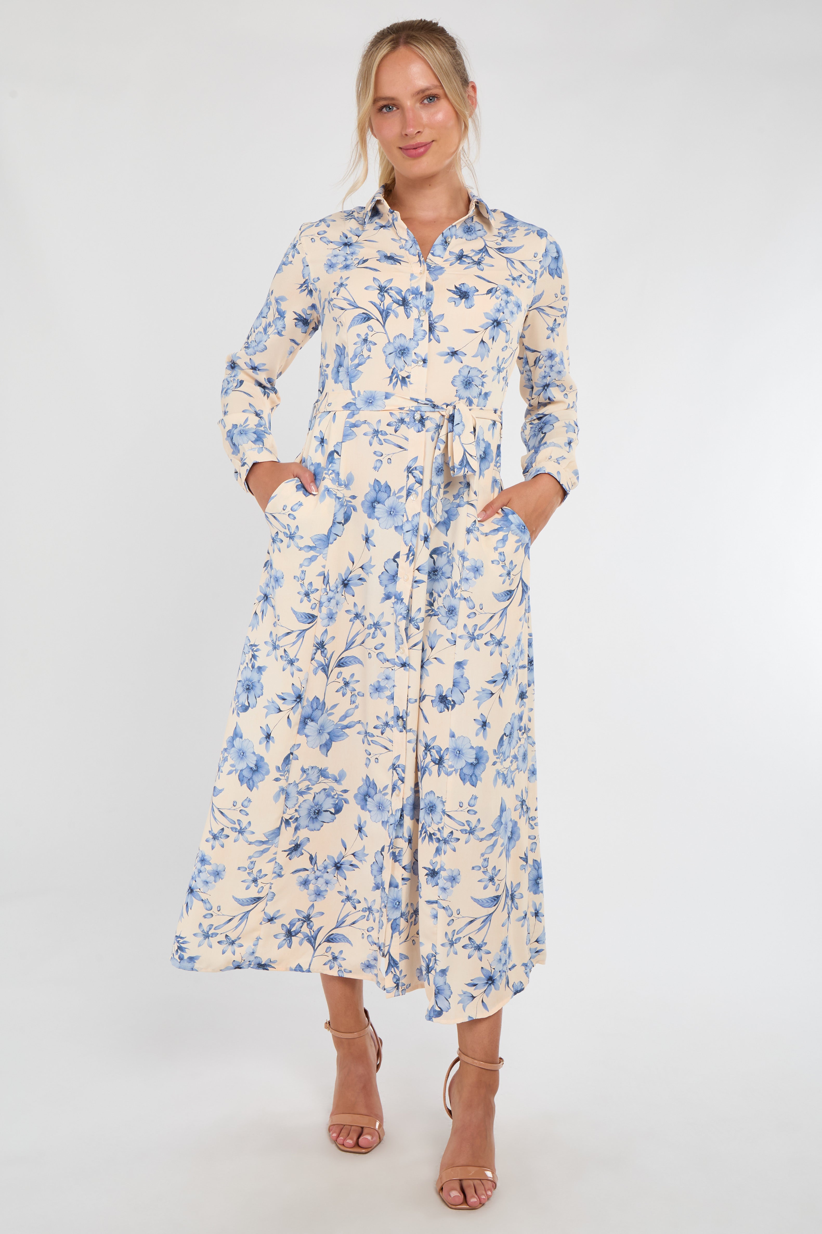 Cream and Blue Floral Print Maxi Shirt Dress