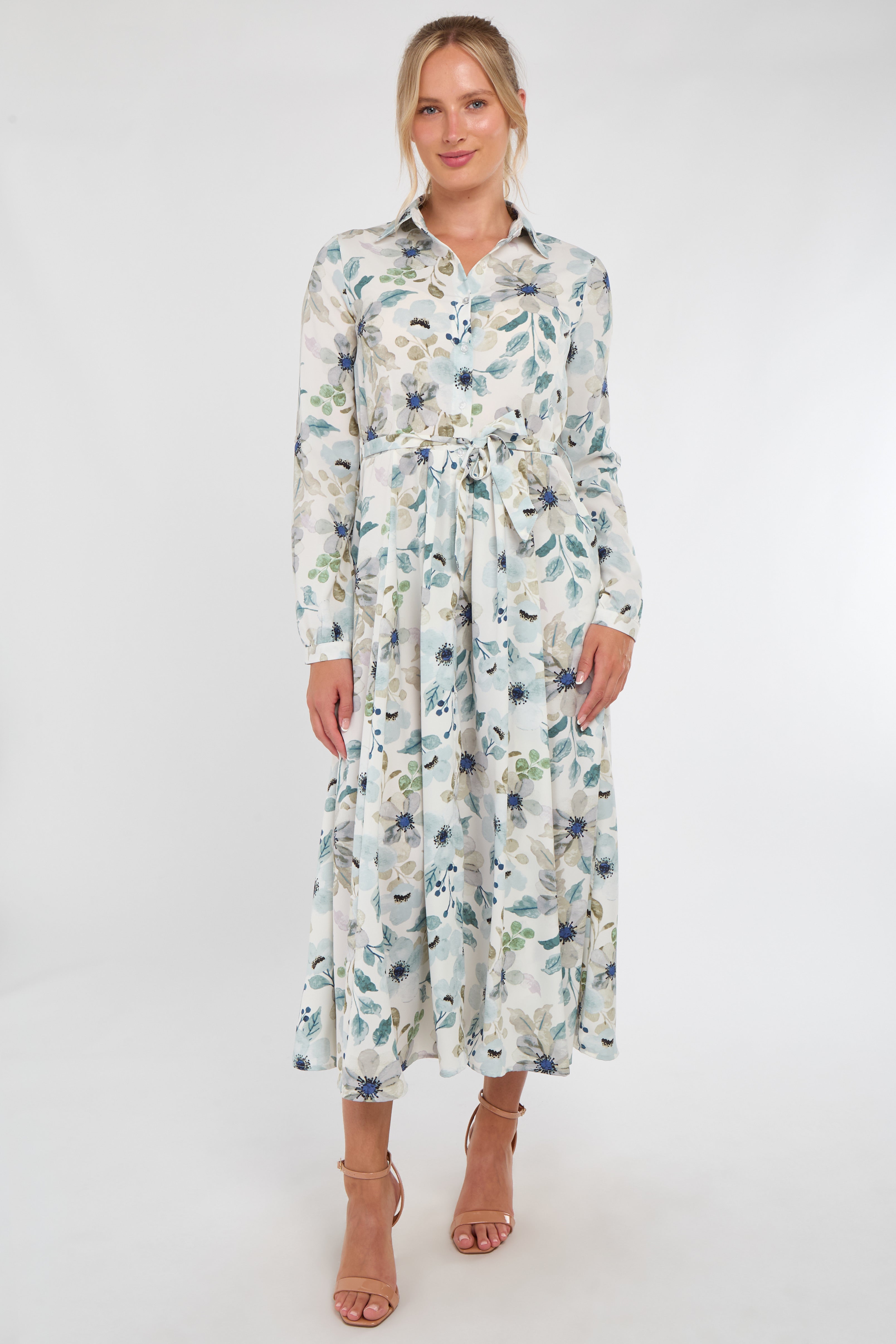 Soft Blue Botanical Print Maxi Shirt Dress