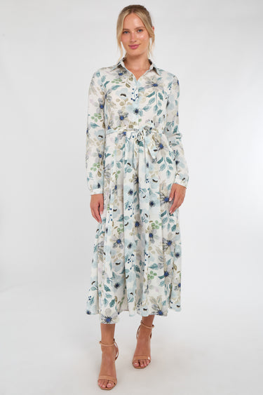 Soft Blue Botanical Print Maxi Shirt Dress