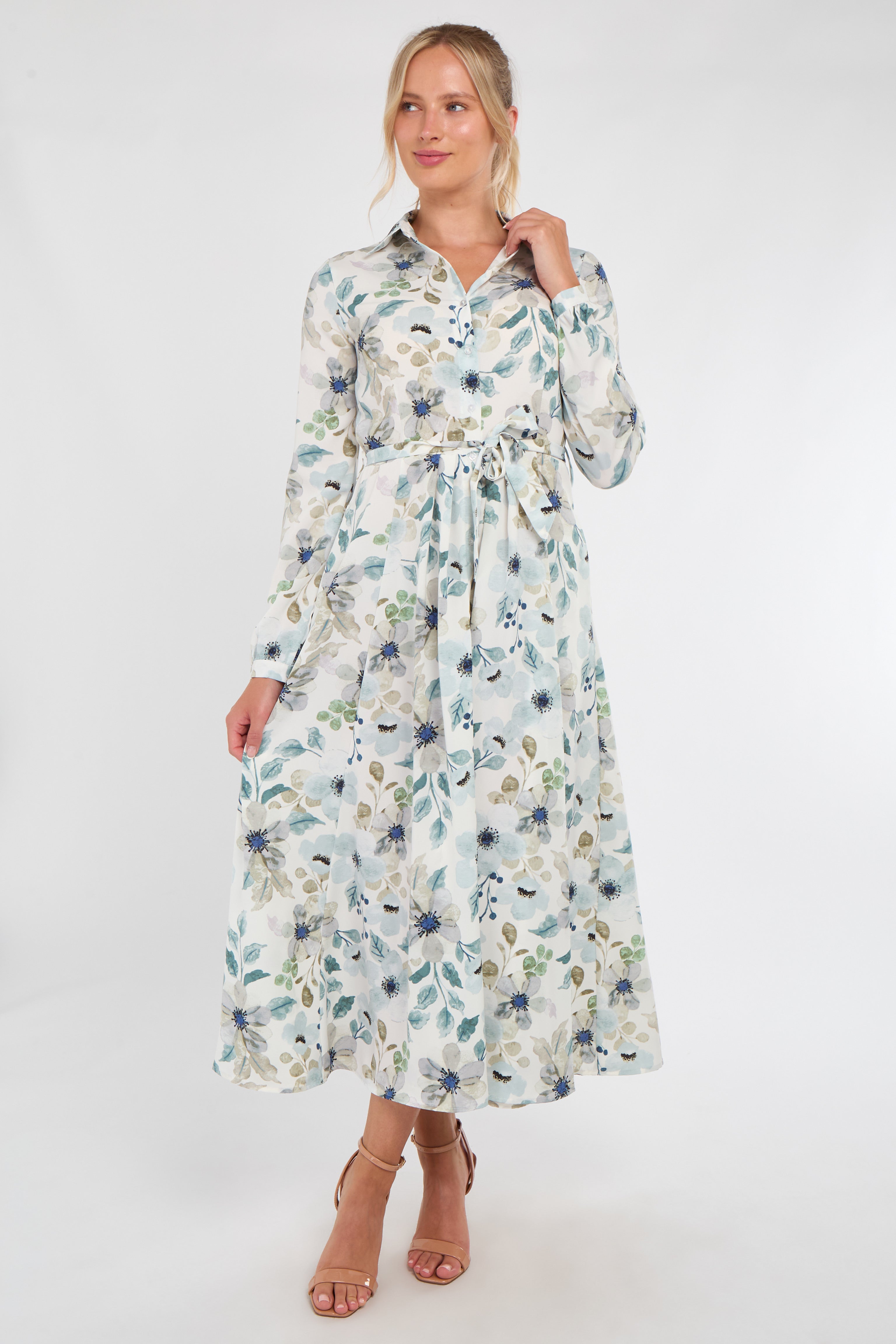 Soft Blue Botanical Print Maxi Shirt Dress