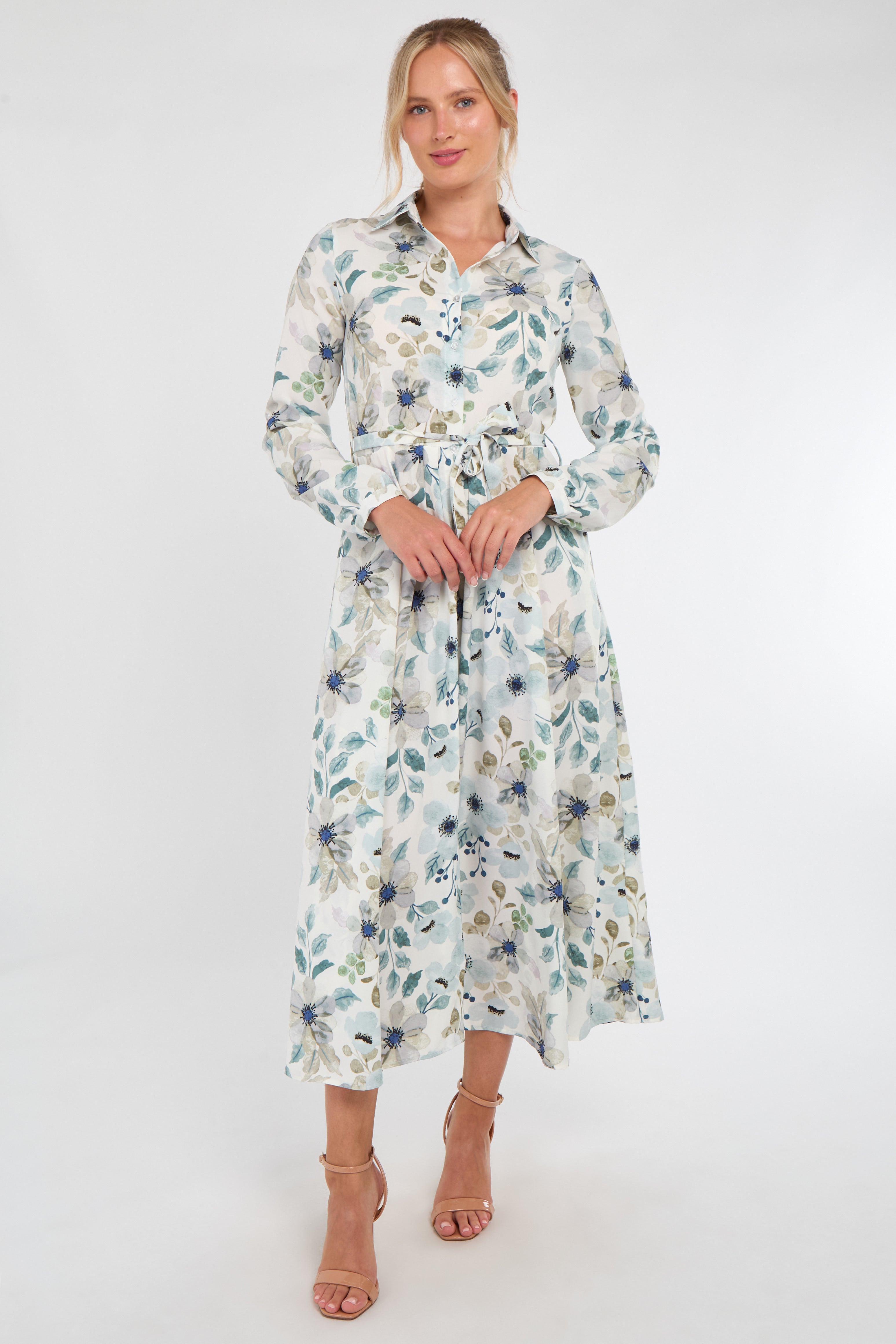 Soft Blue Botanical Print Maxi Shirt Dress