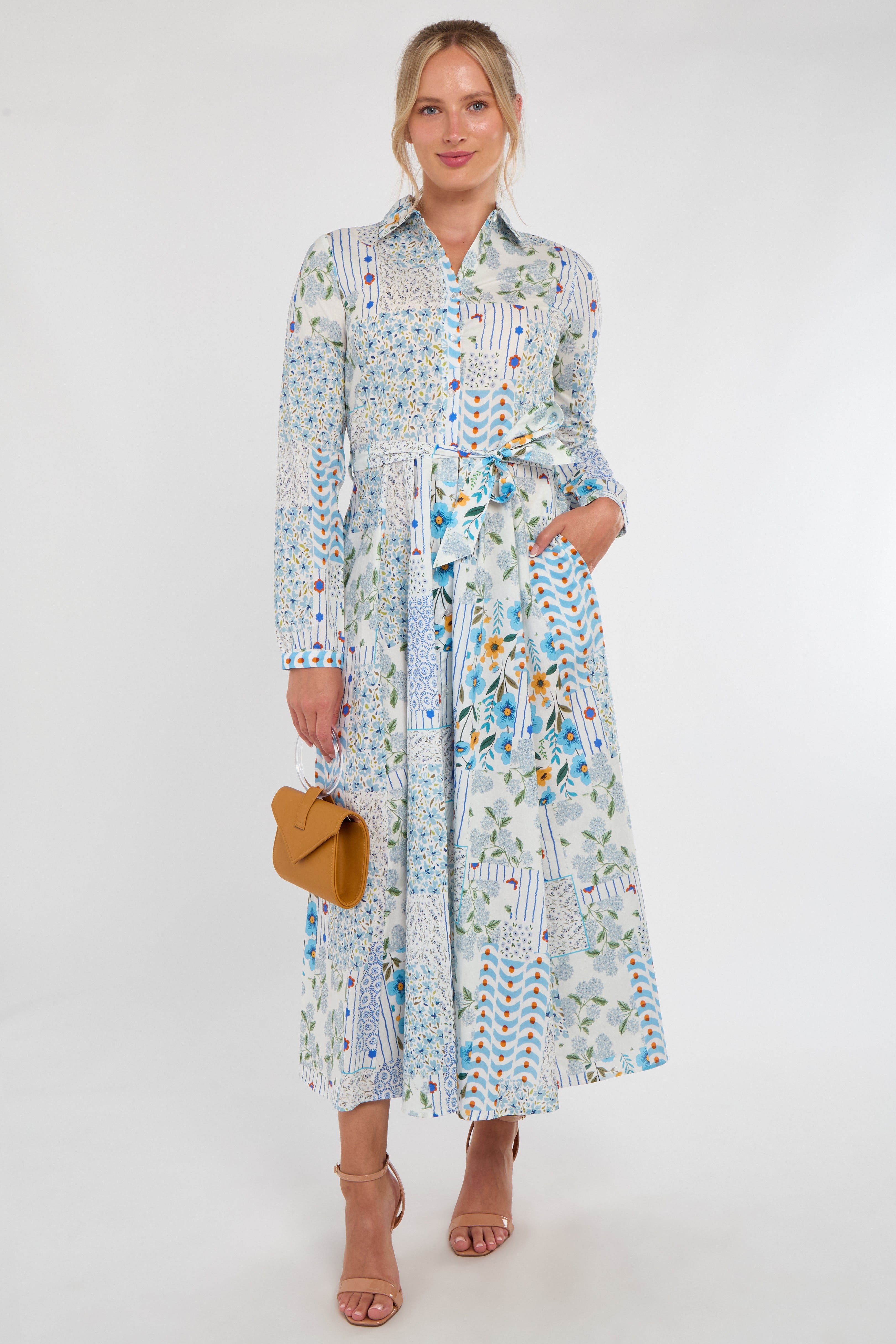 Pastel Botanical Patchwork Belted Shirt Dress