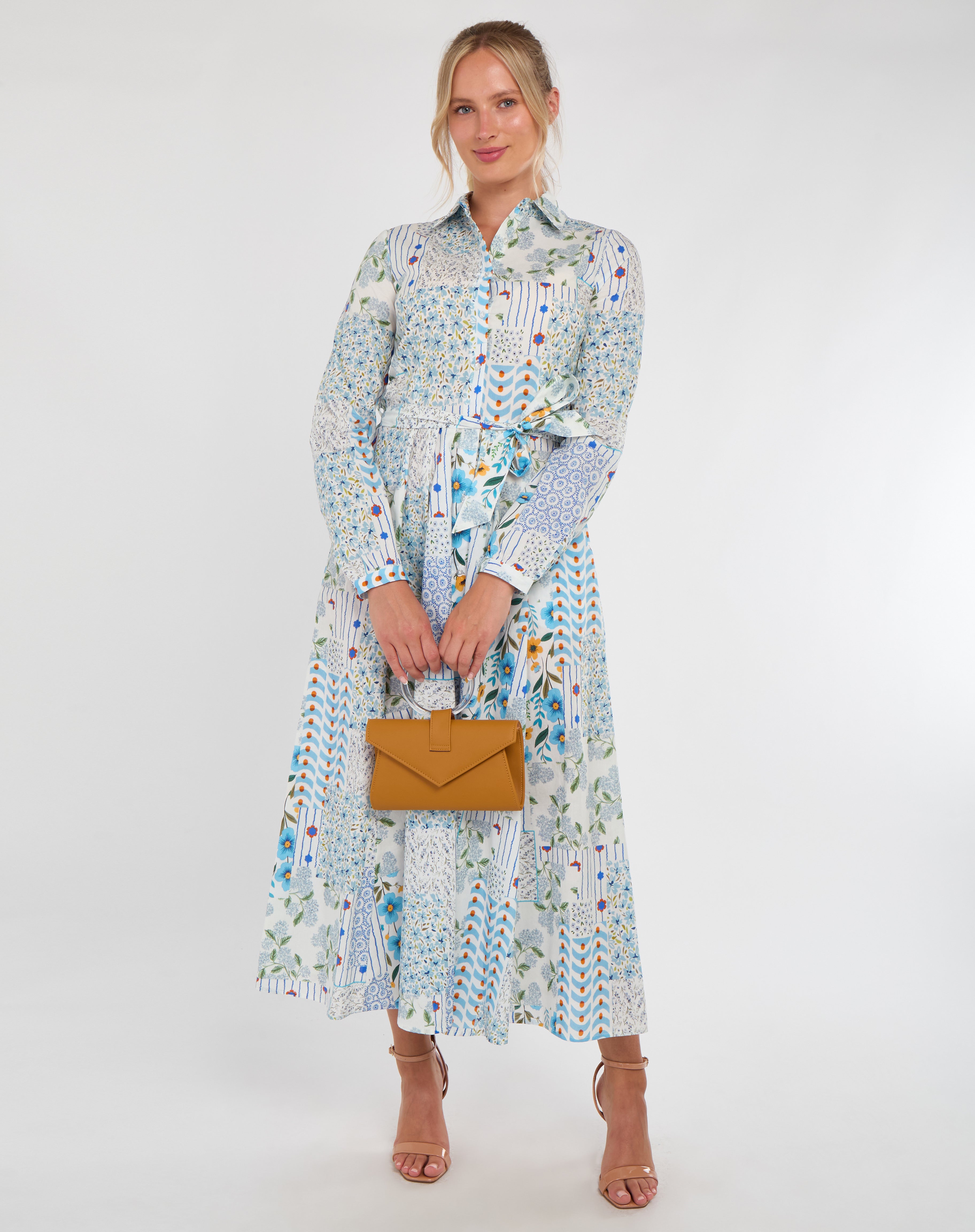 Pastel Botanical Patchwork Belted Shirt Dress