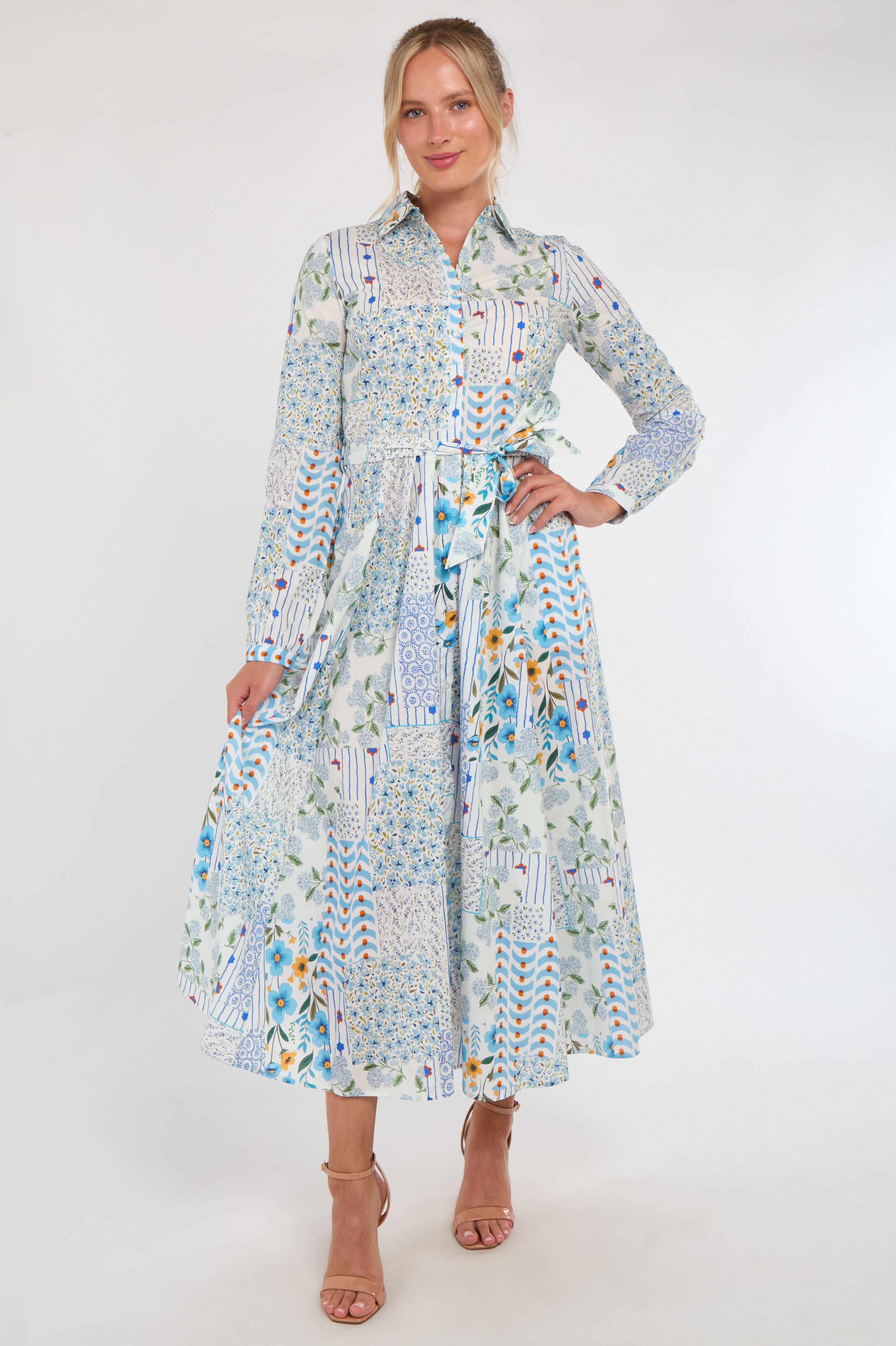 Pastel Botanical Patchwork Belted Shirt Dress