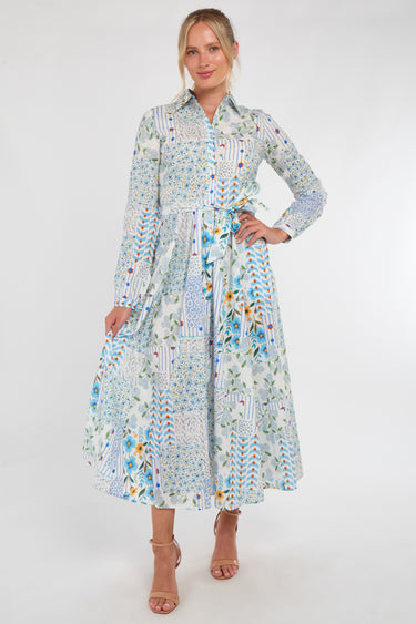 Pastel Botanical Patchwork Belted Shirt Dress
