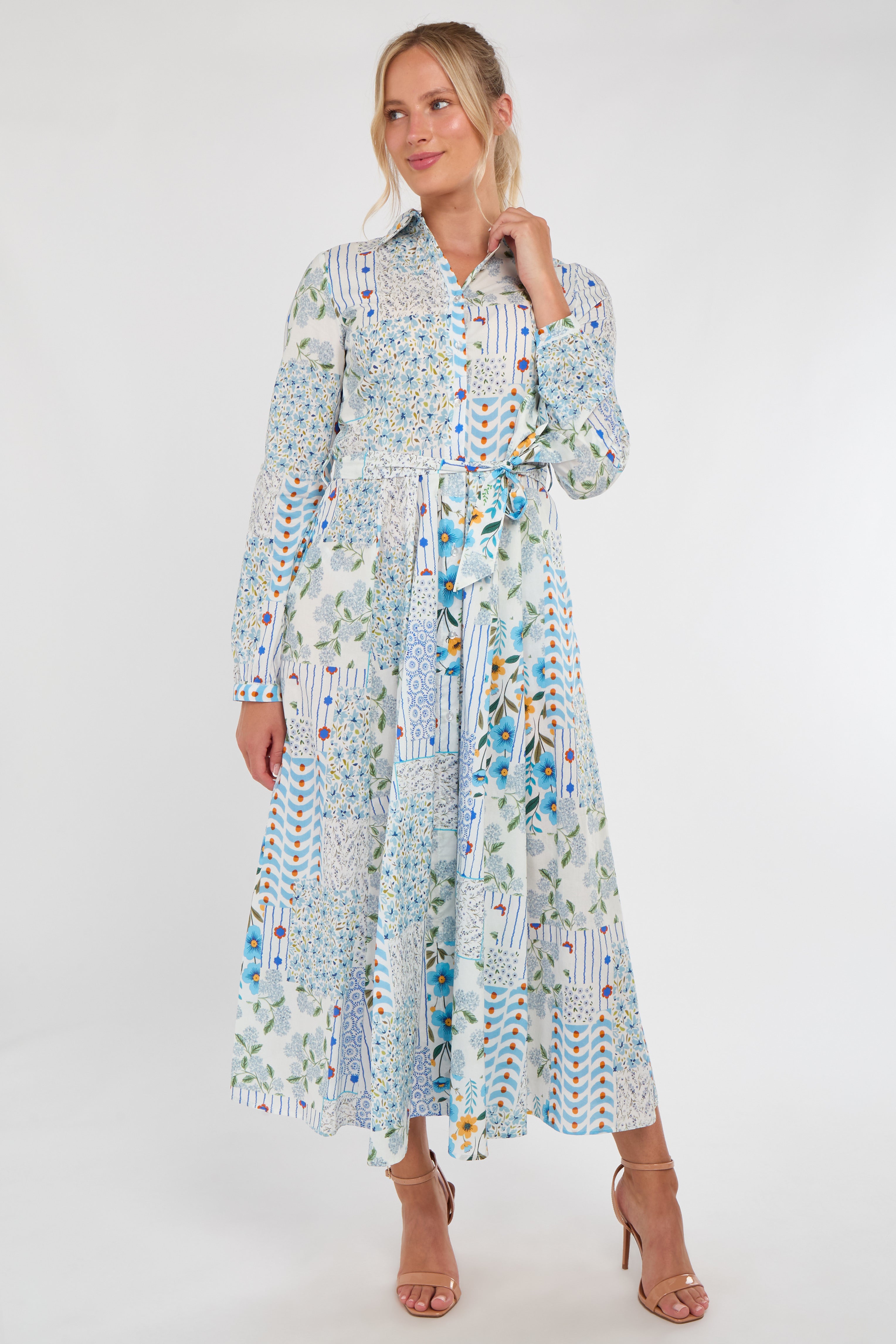 Pastel Botanical Patchwork Belted Shirt Dress
