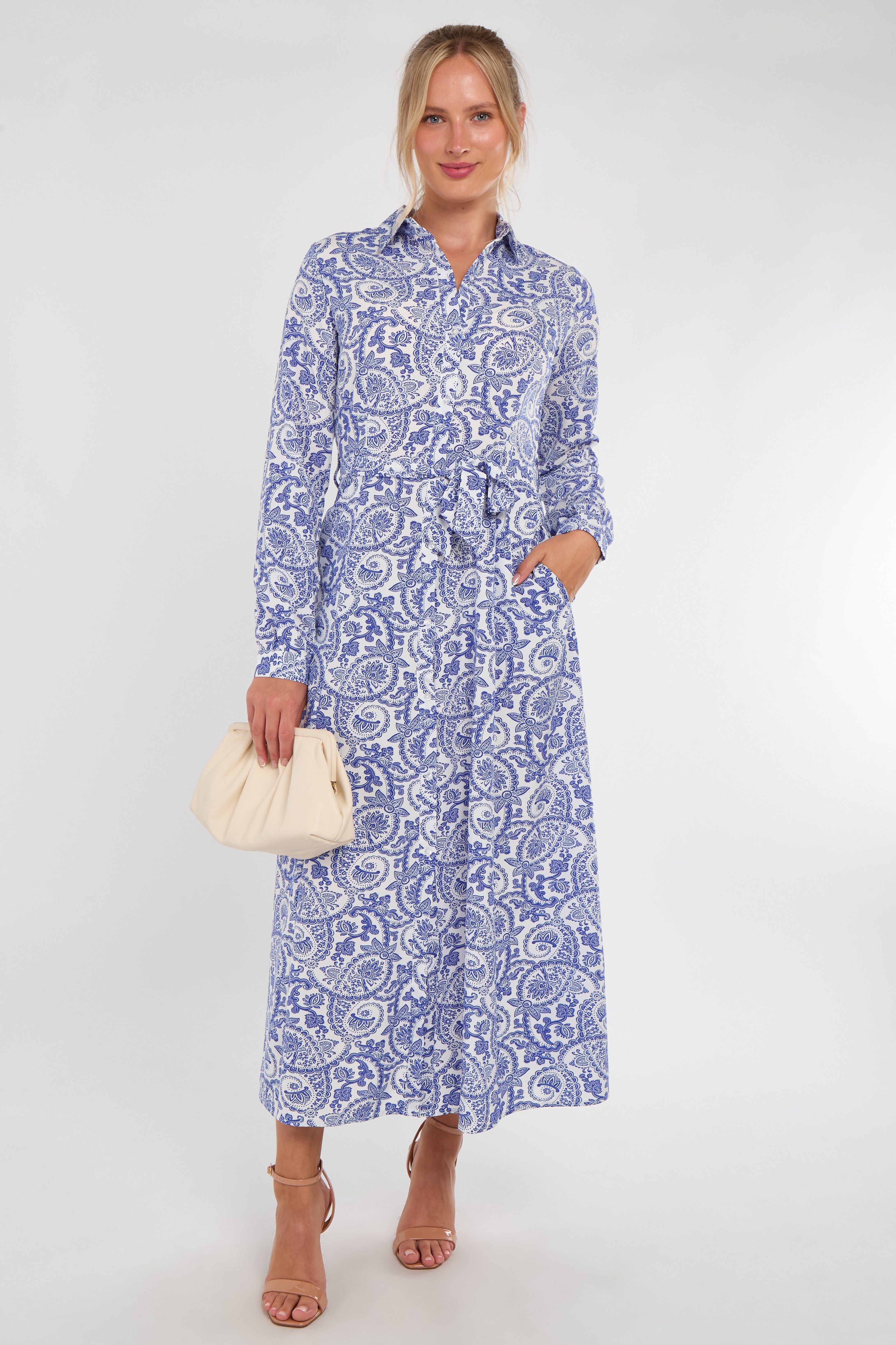 Blue and White Paisley Print Maxi Shirt Dress