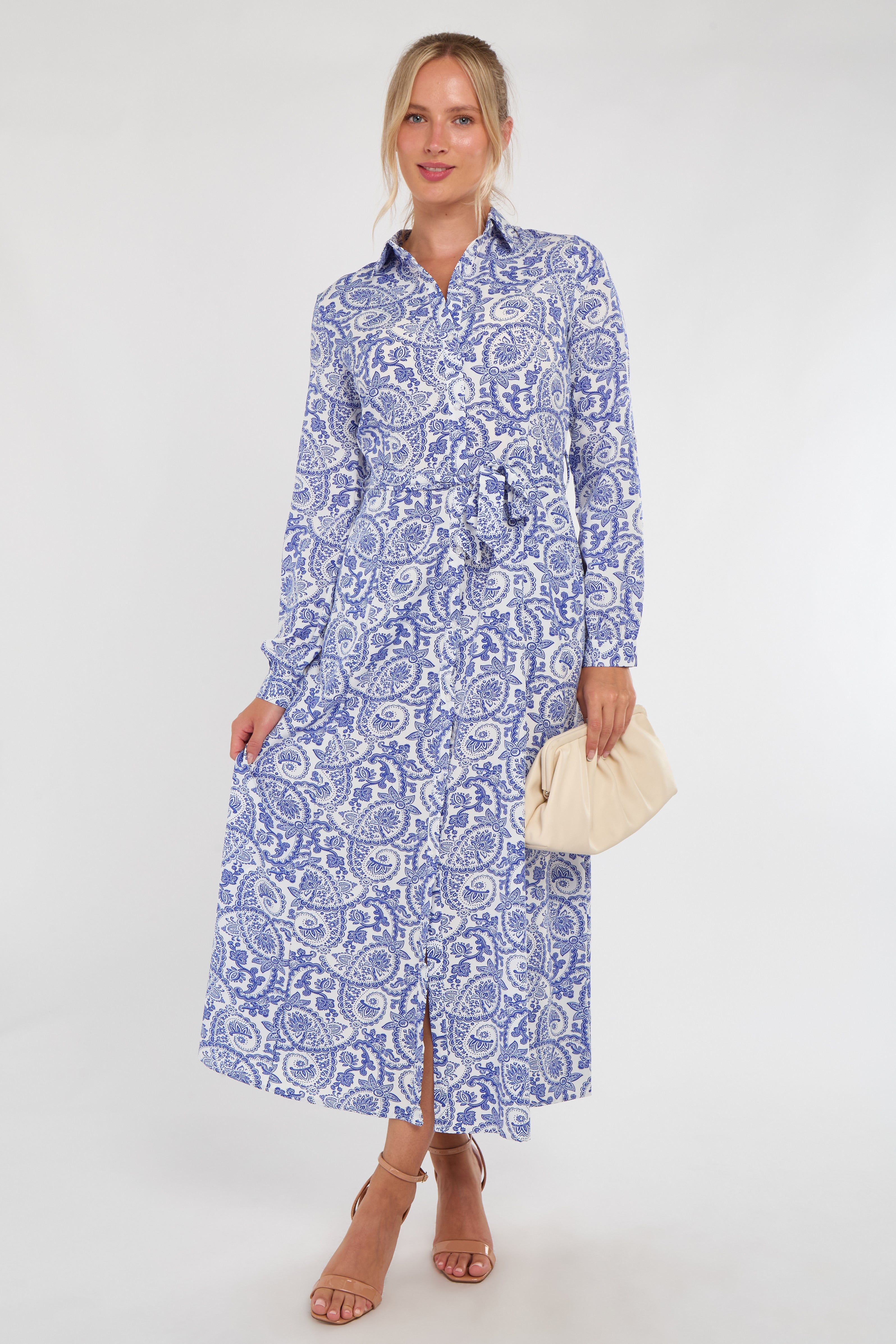 Blue and White Paisley Print Maxi Shirt Dress