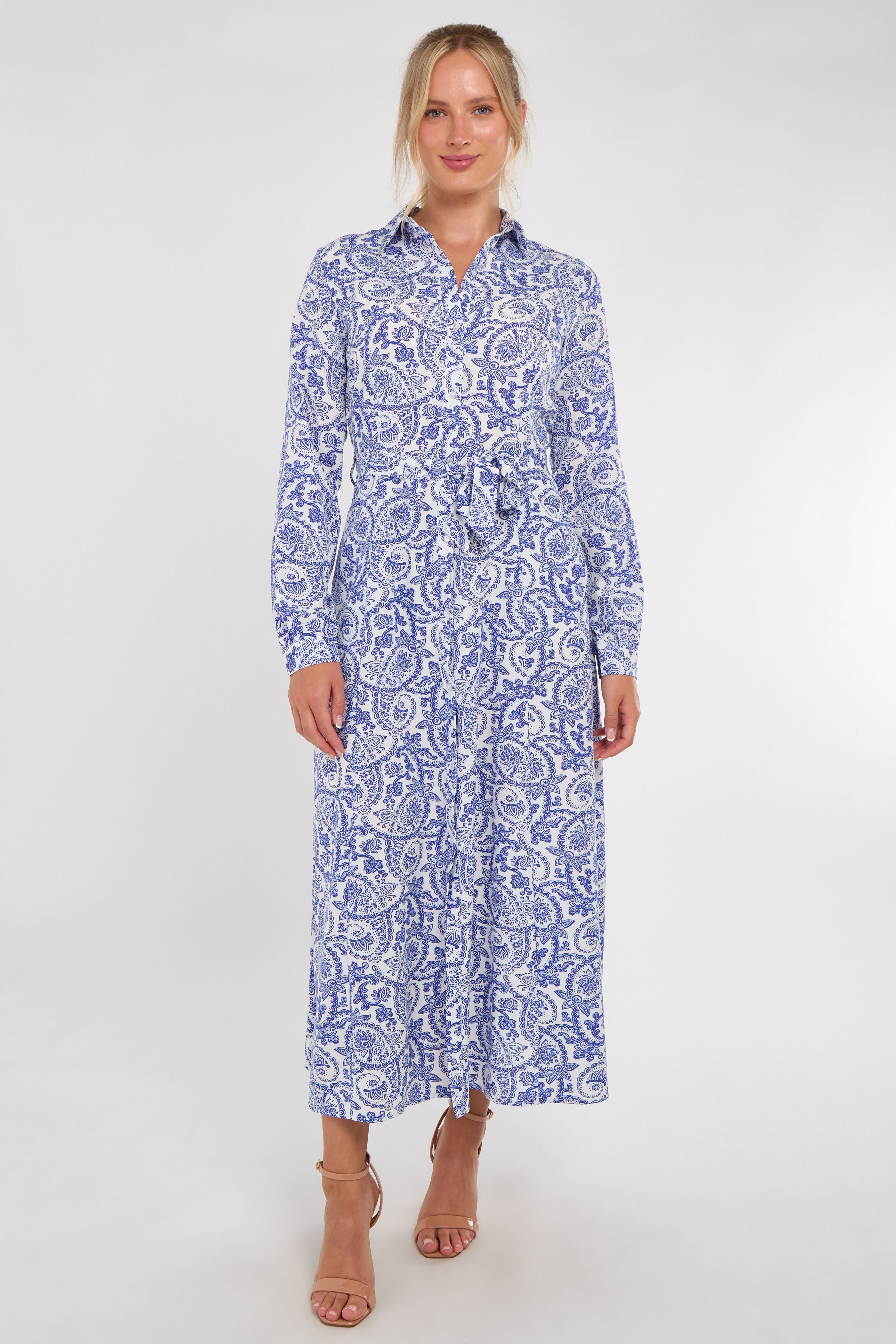 Blue and White Paisley Print Maxi Shirt Dress