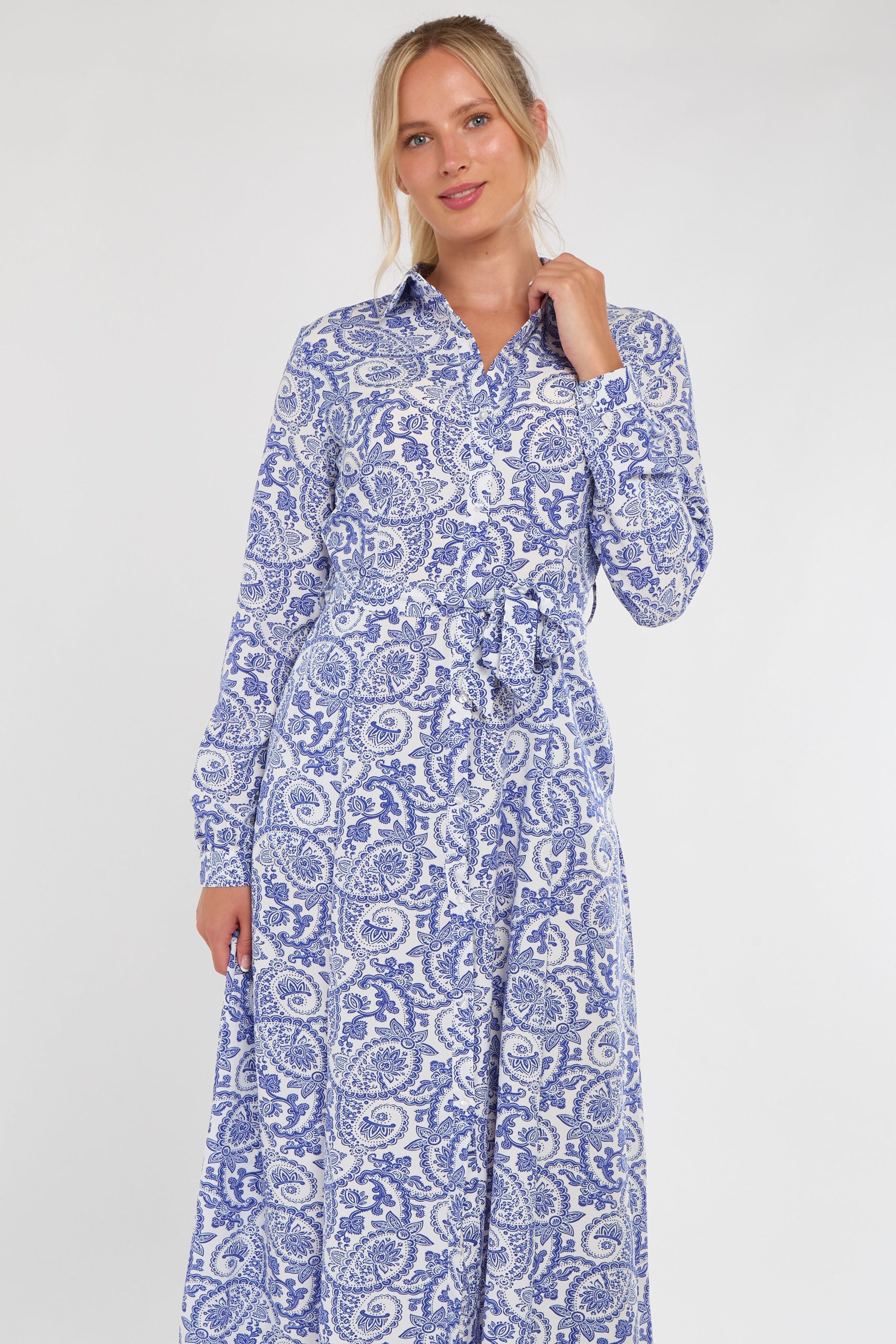 Blue and White Paisley Print Maxi Shirt Dress