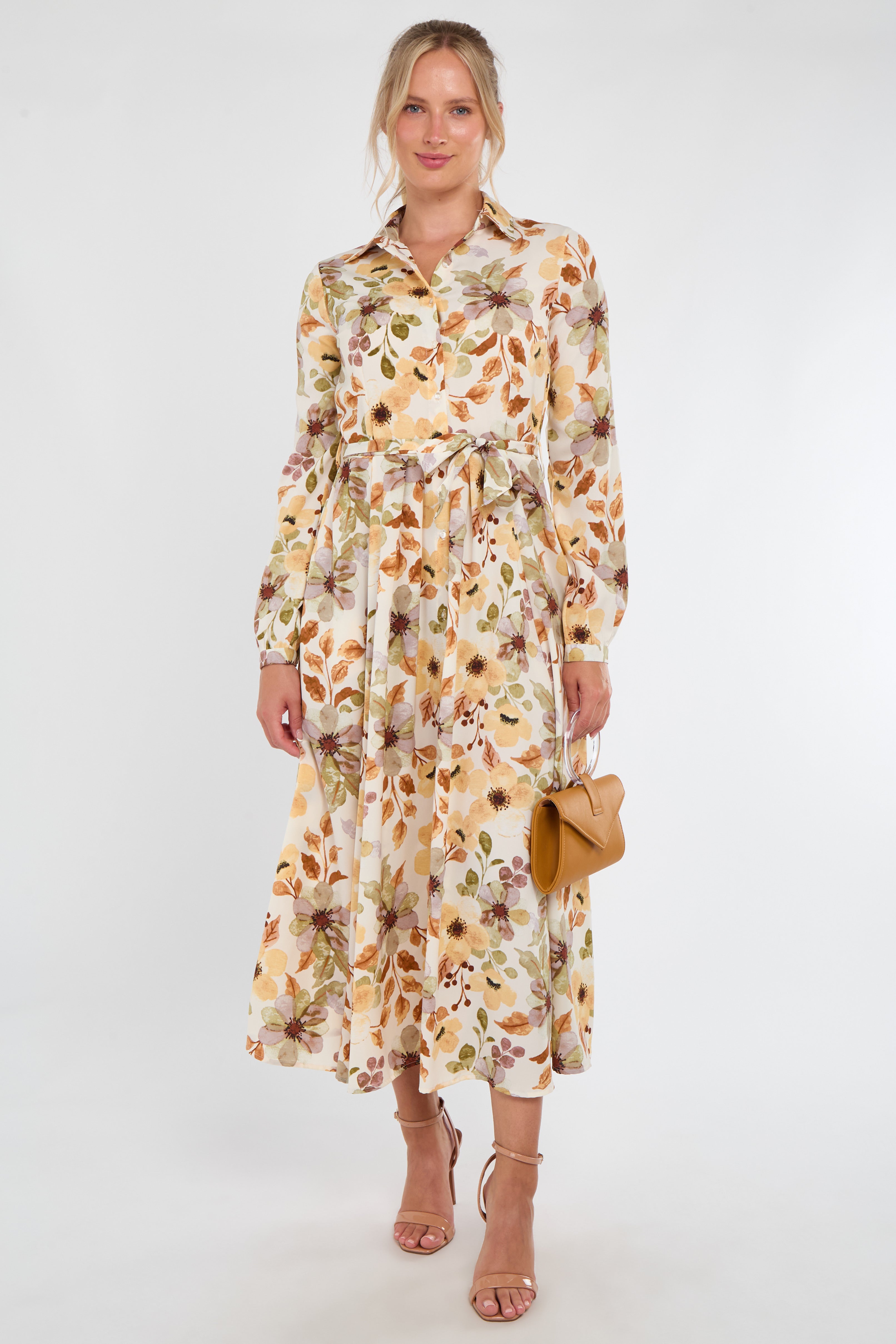 Autumn Bloom Botanical Print Maxi Shirt Dress