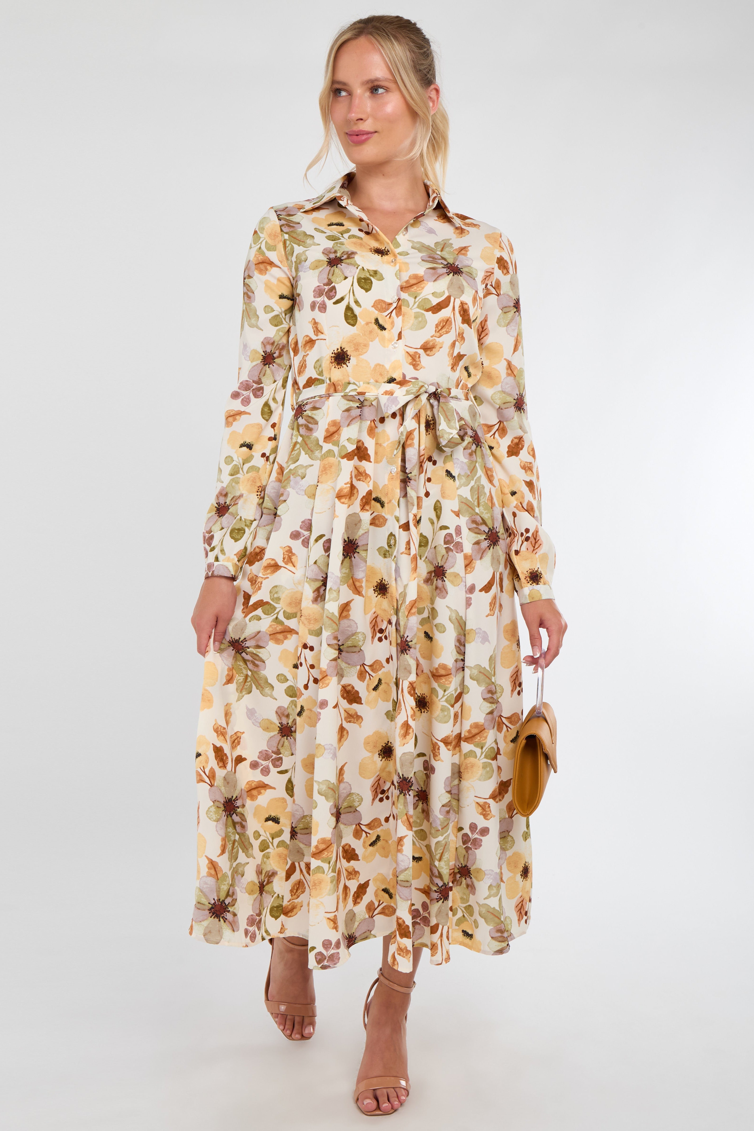 Autumn Bloom Botanical Print Maxi Shirt Dress