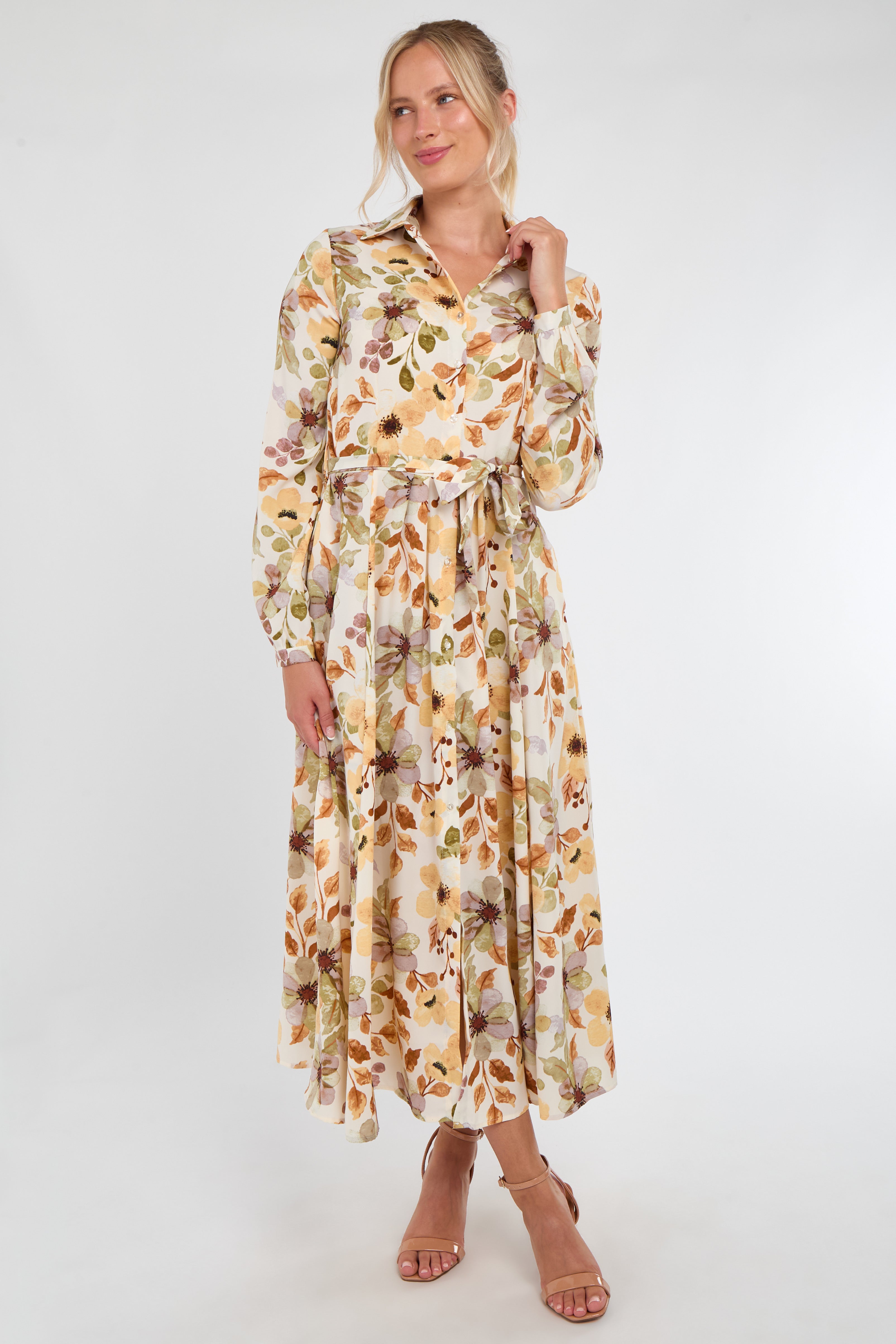 Autumn Bloom Botanical Print Maxi Shirt Dress