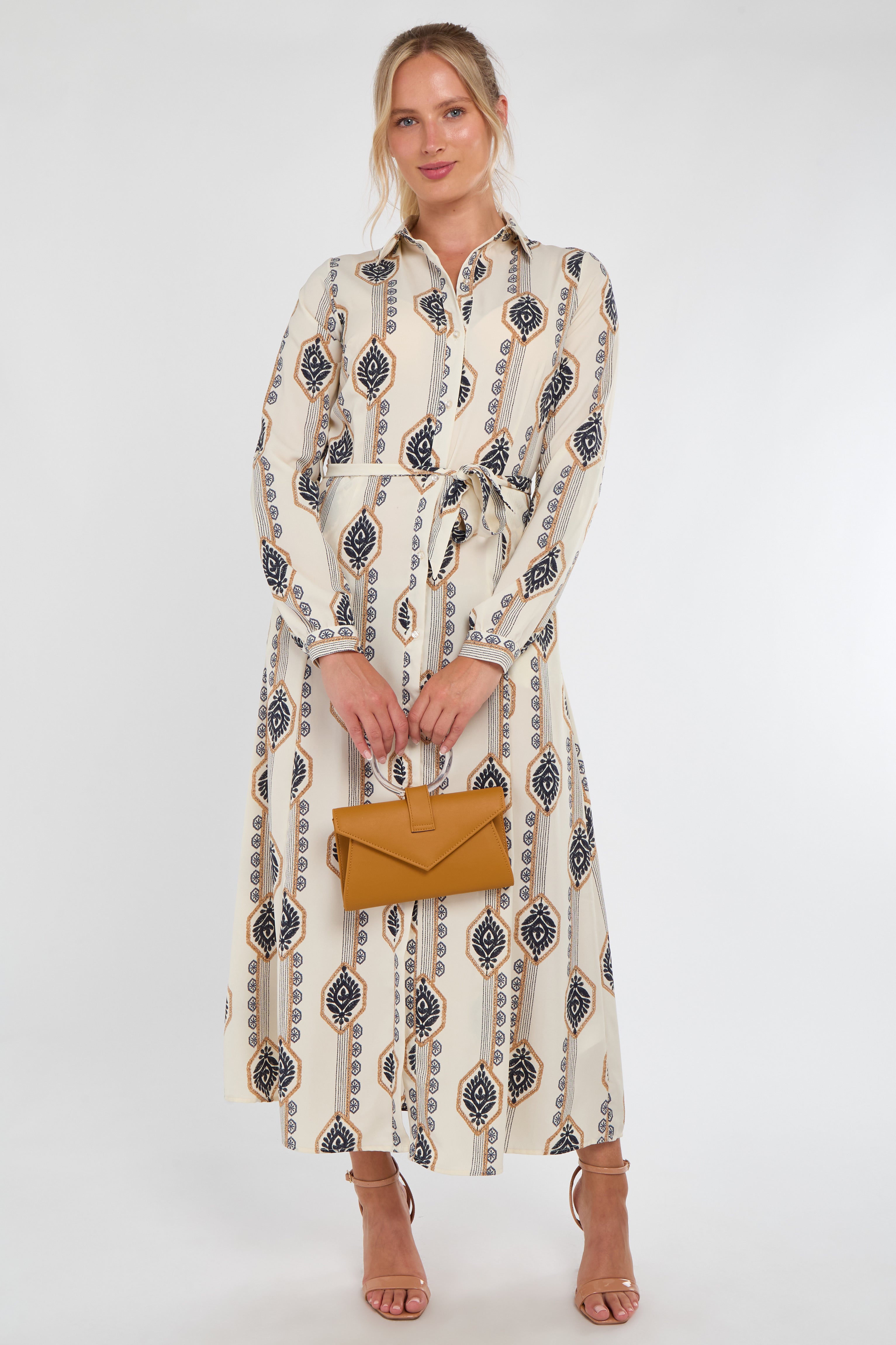 Cream and Navy Boho Print Maxi Shirt Dress