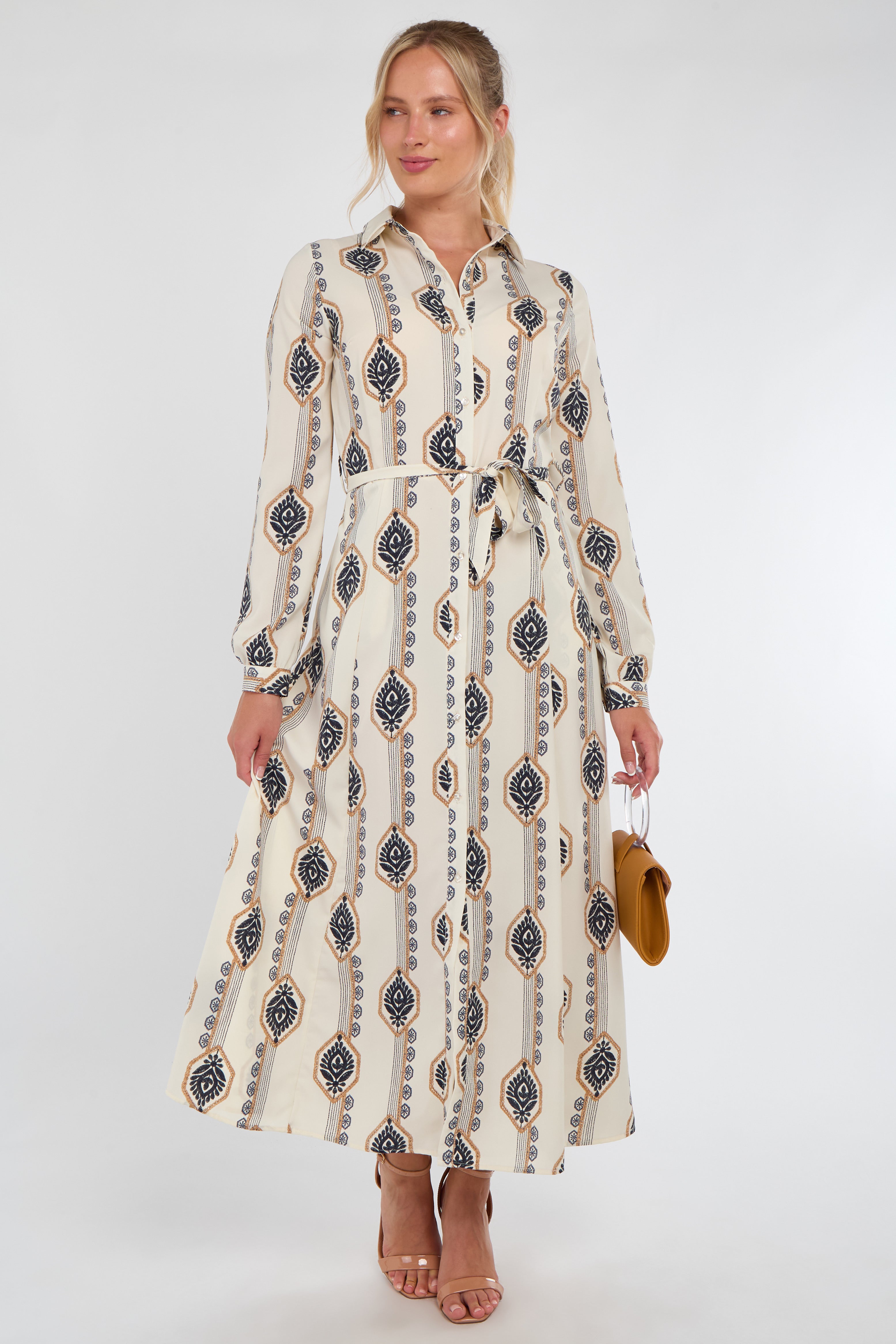 Cream and Navy Boho Print Maxi Shirt Dress