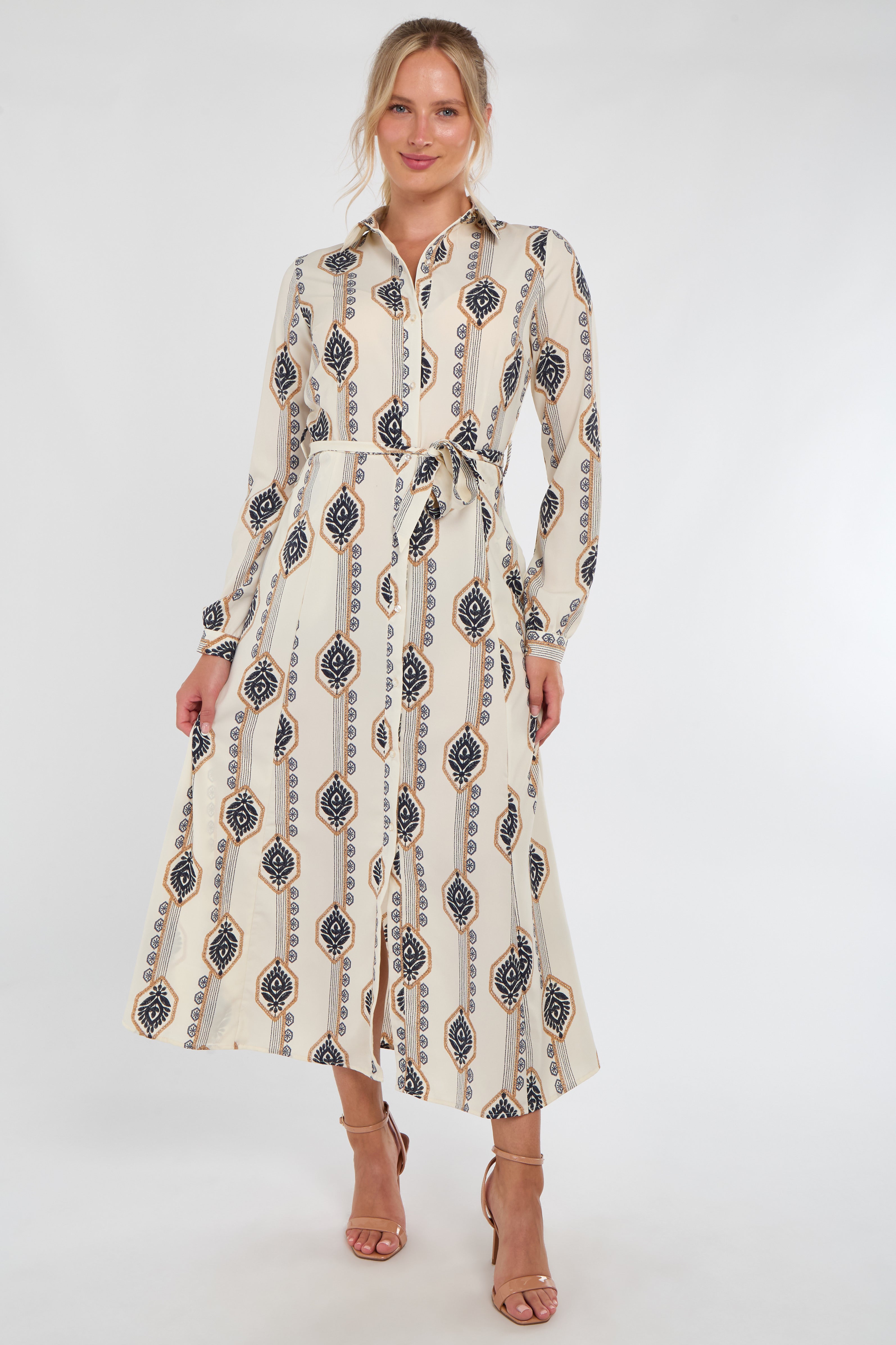 Cream and Navy Boho Print Maxi Shirt Dress
