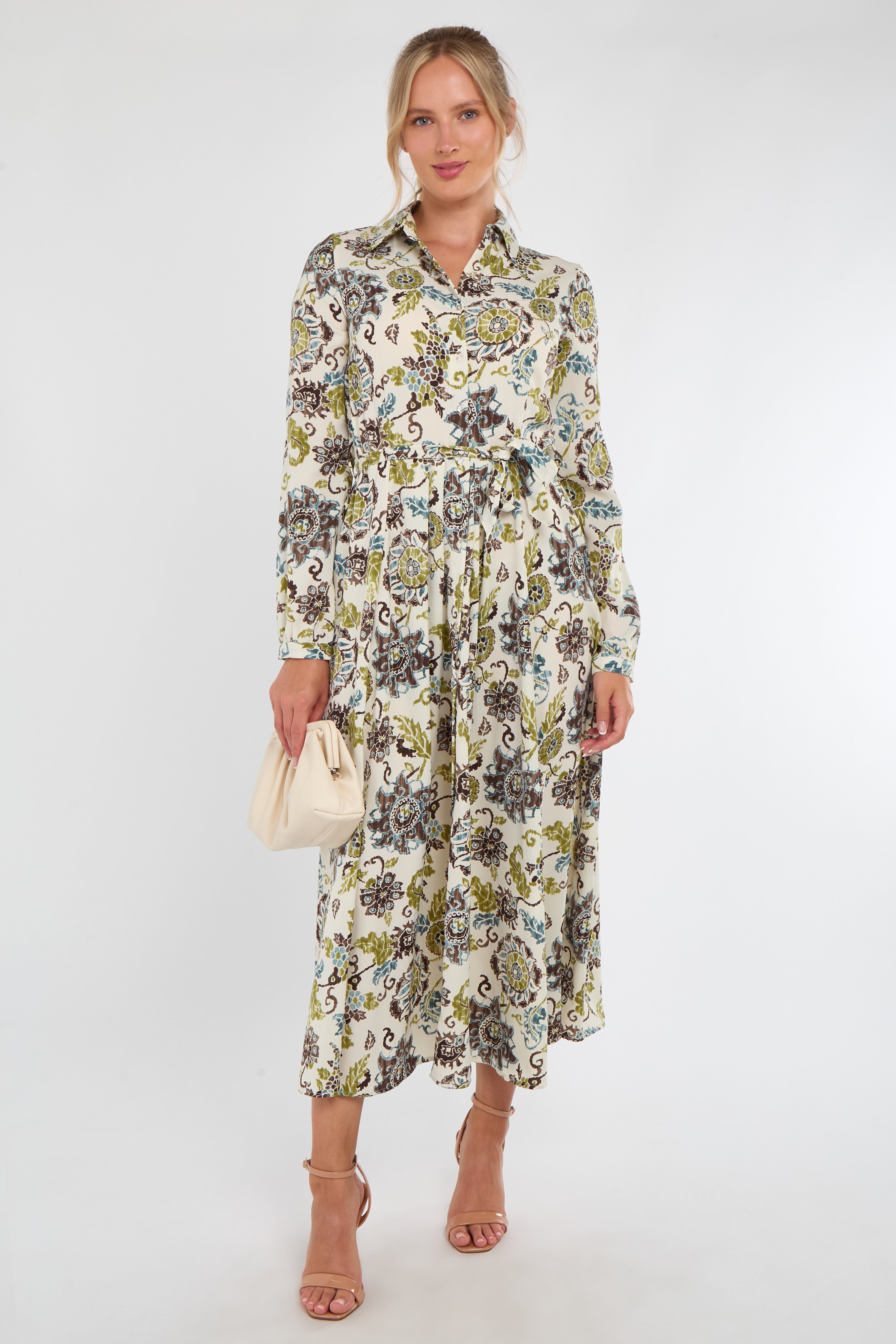 Ivory and Olive Baroque Floral Print Maxi Shirt Dress