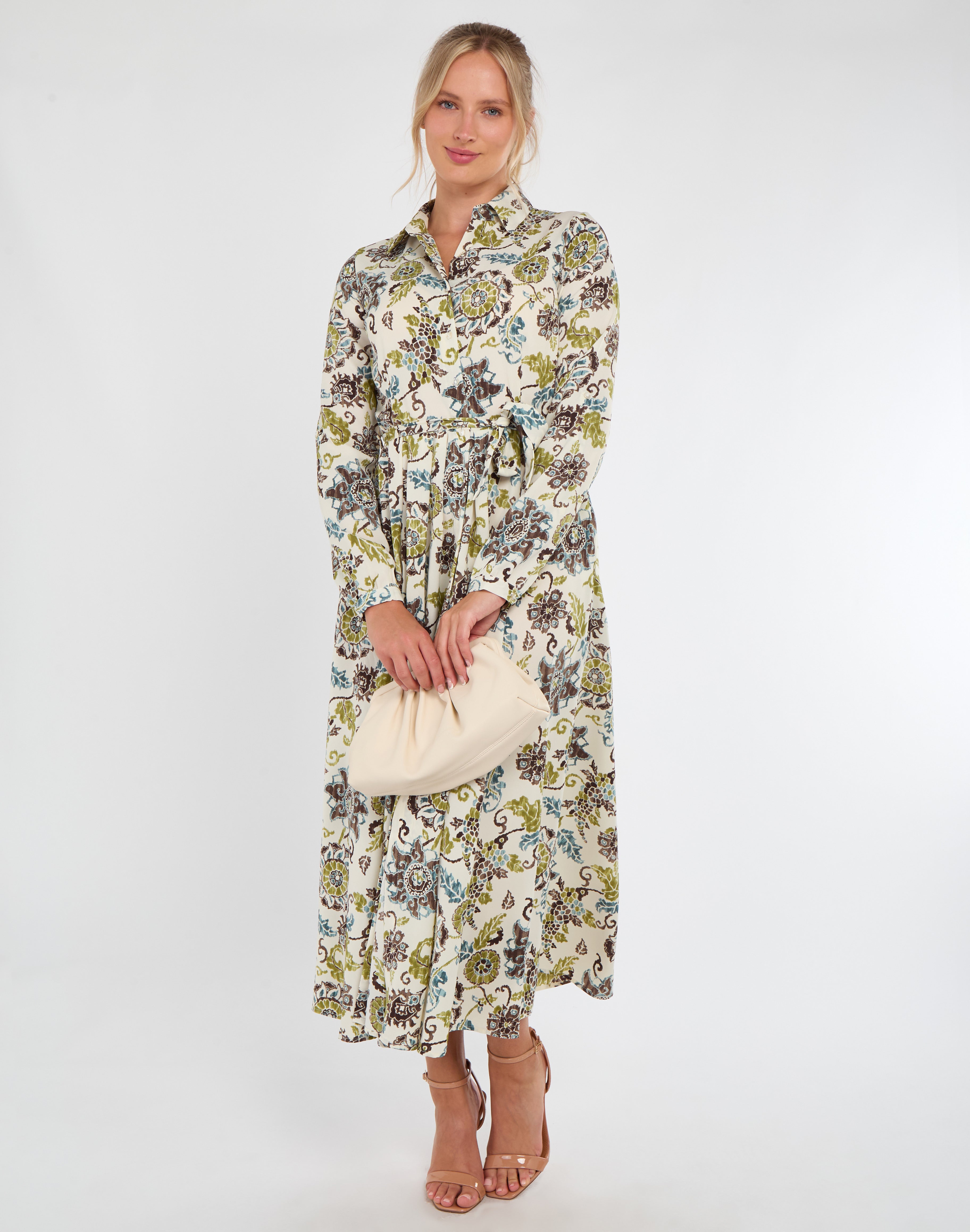 Ivory and Olive Baroque Floral Print Maxi Shirt Dress