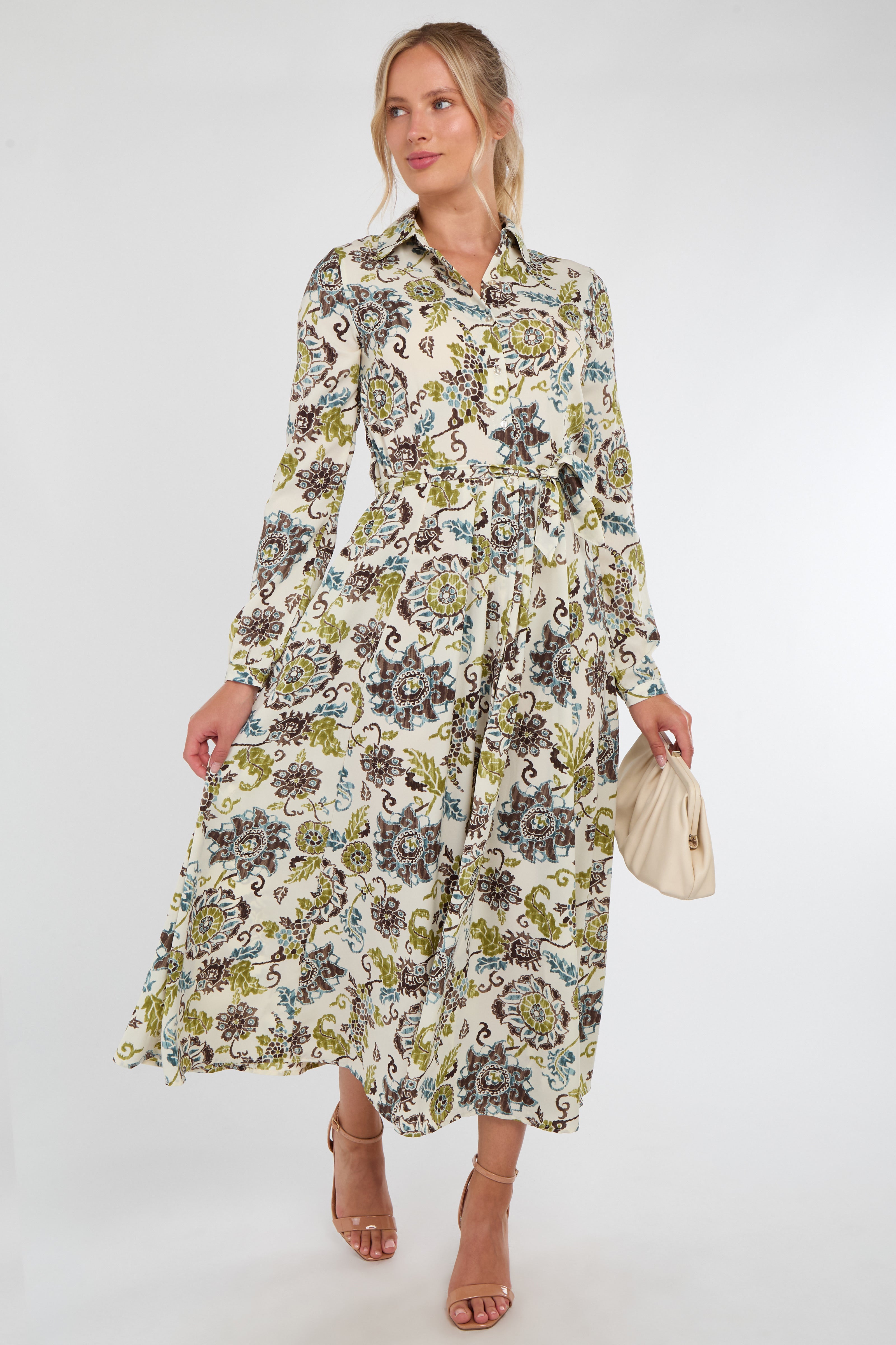 Ivory and Olive Baroque Floral Print Maxi Shirt Dress