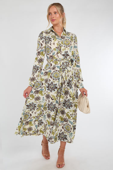 Ivory and Olive Baroque Floral Print Maxi Shirt Dress