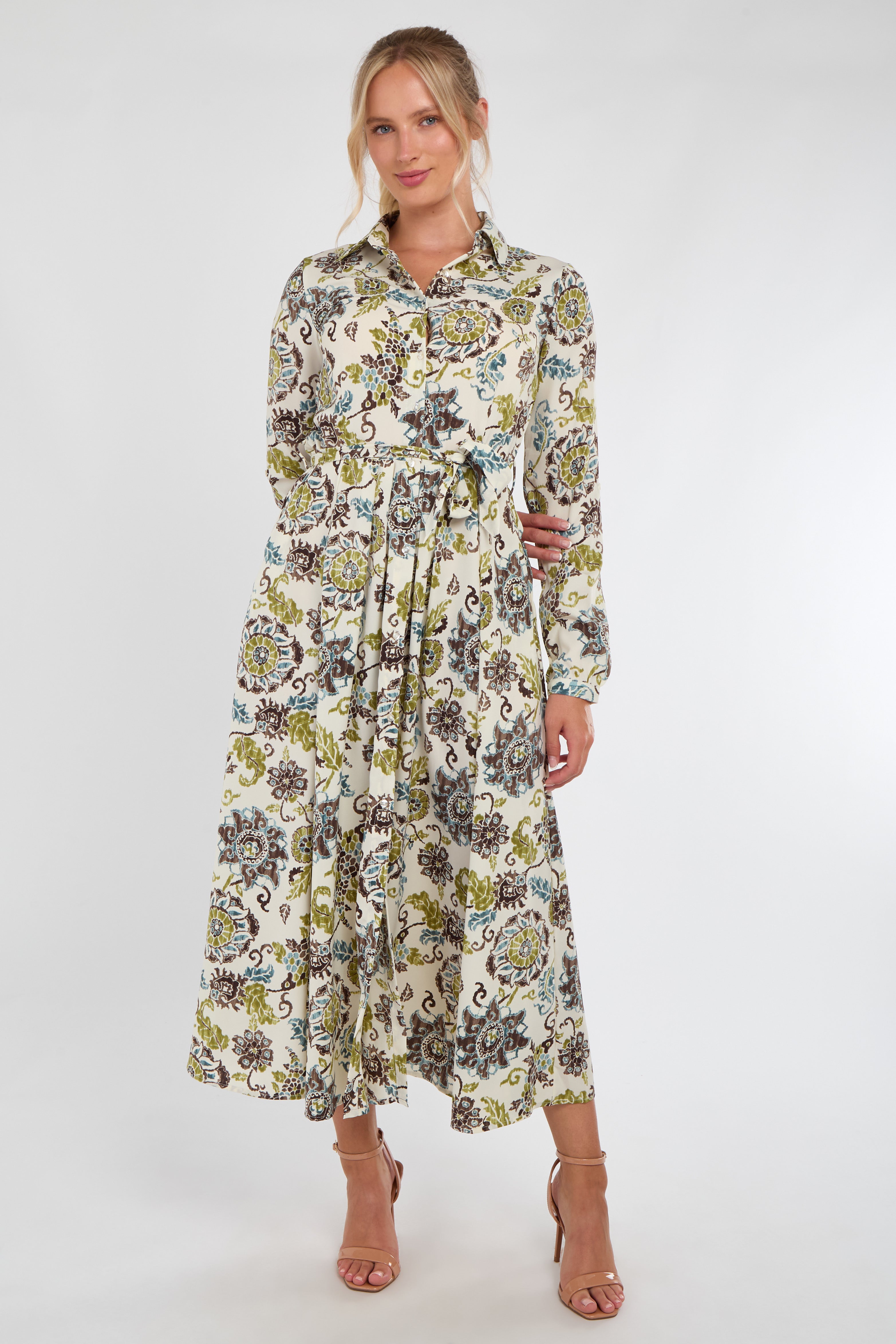 Ivory and Olive Baroque Floral Print Maxi Shirt Dress