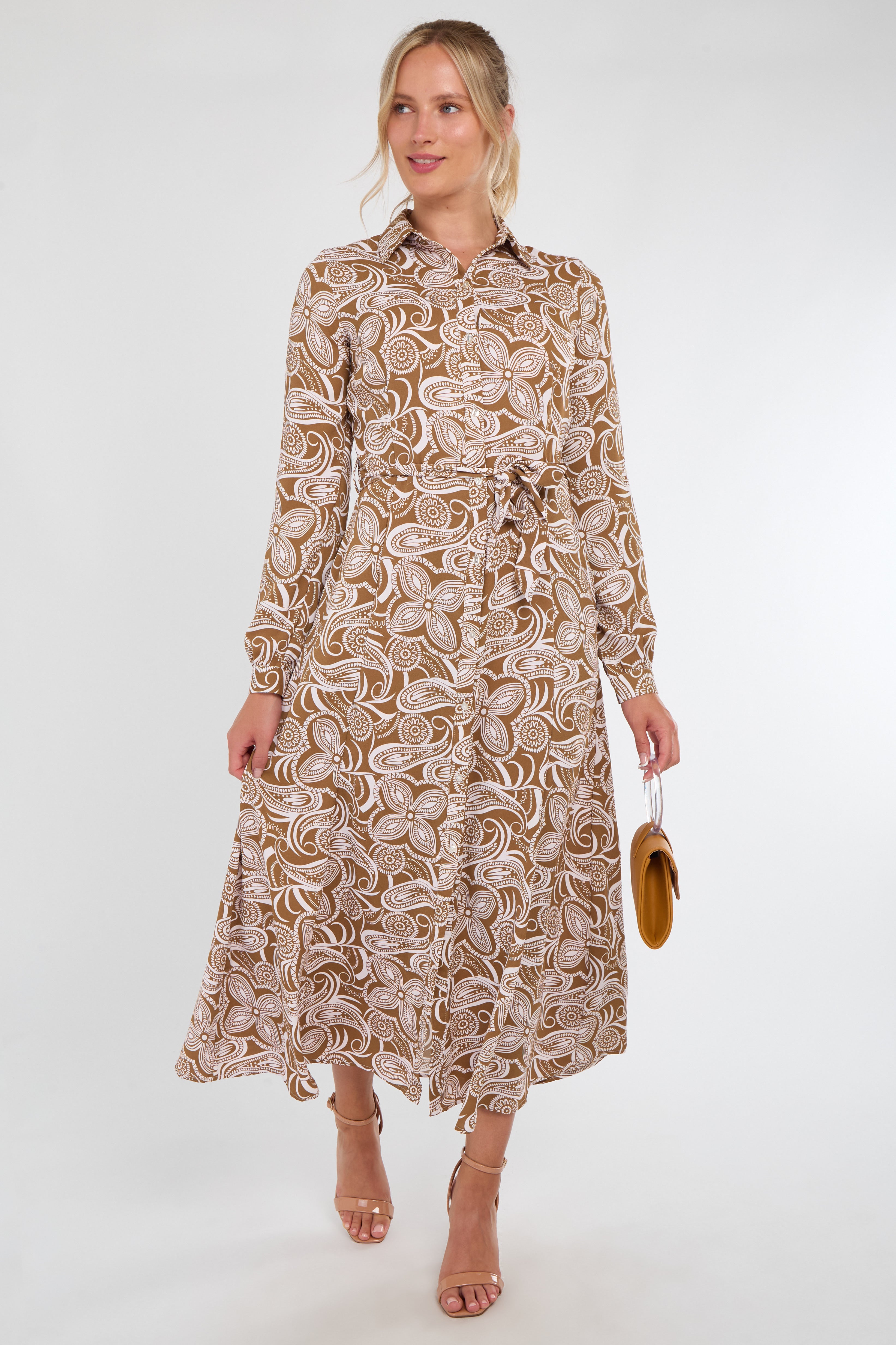 Tan Retro Floral Swirl Print Maxi Shirt Dress