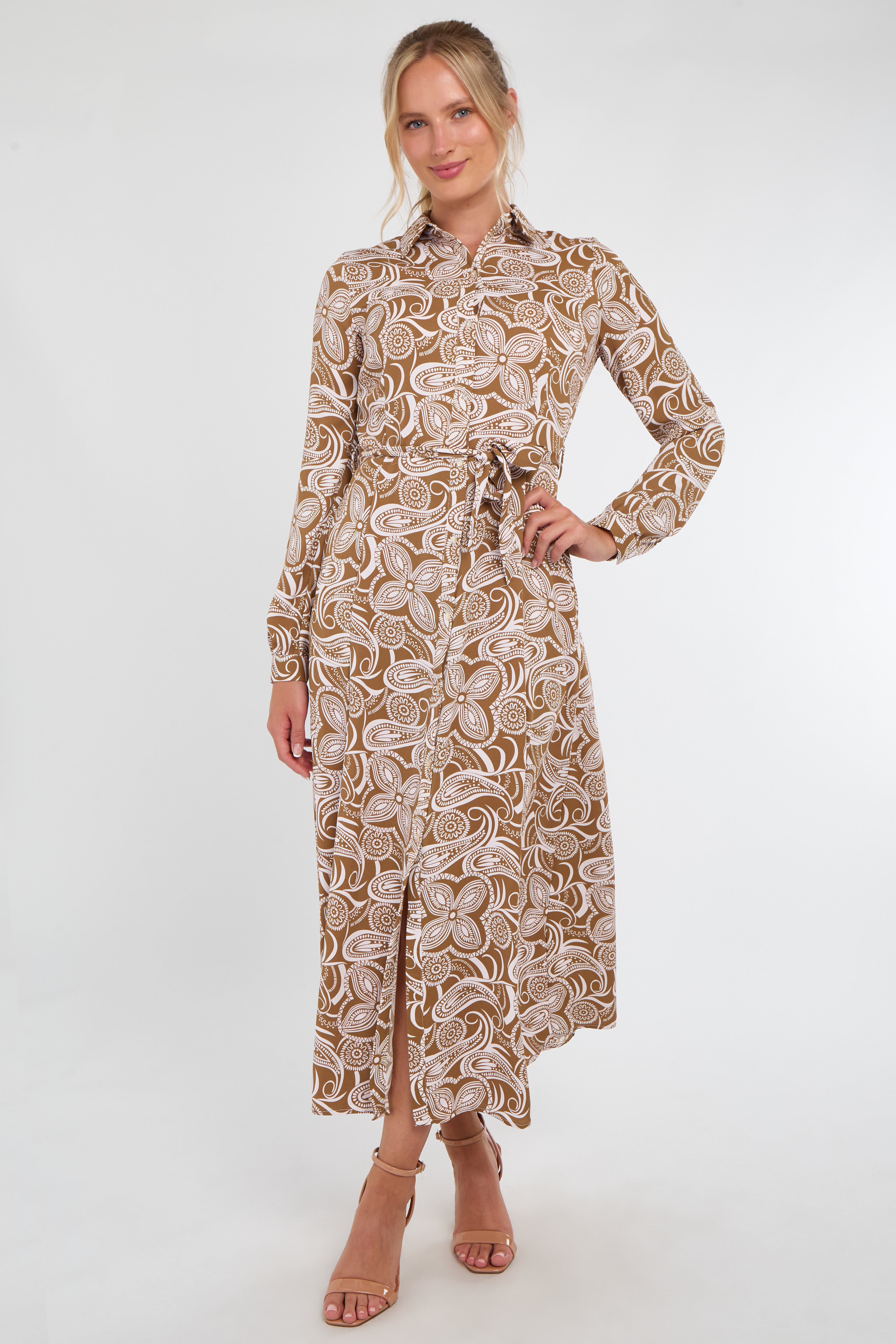 Tan Retro Floral Swirl Print Maxi Shirt Dress