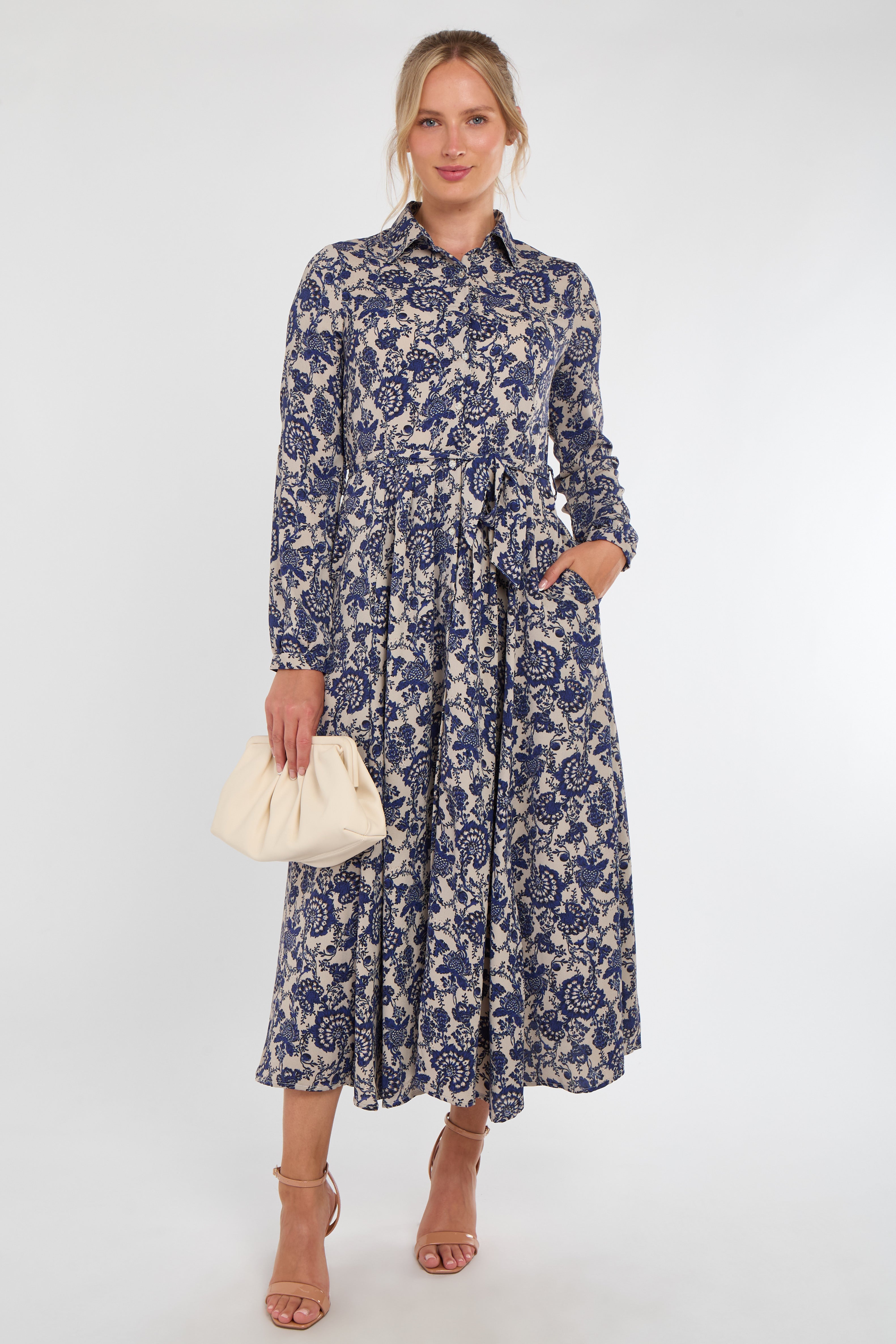 Navy Floral Paisley Print Long Sleeve Maxi Shirt Dress
