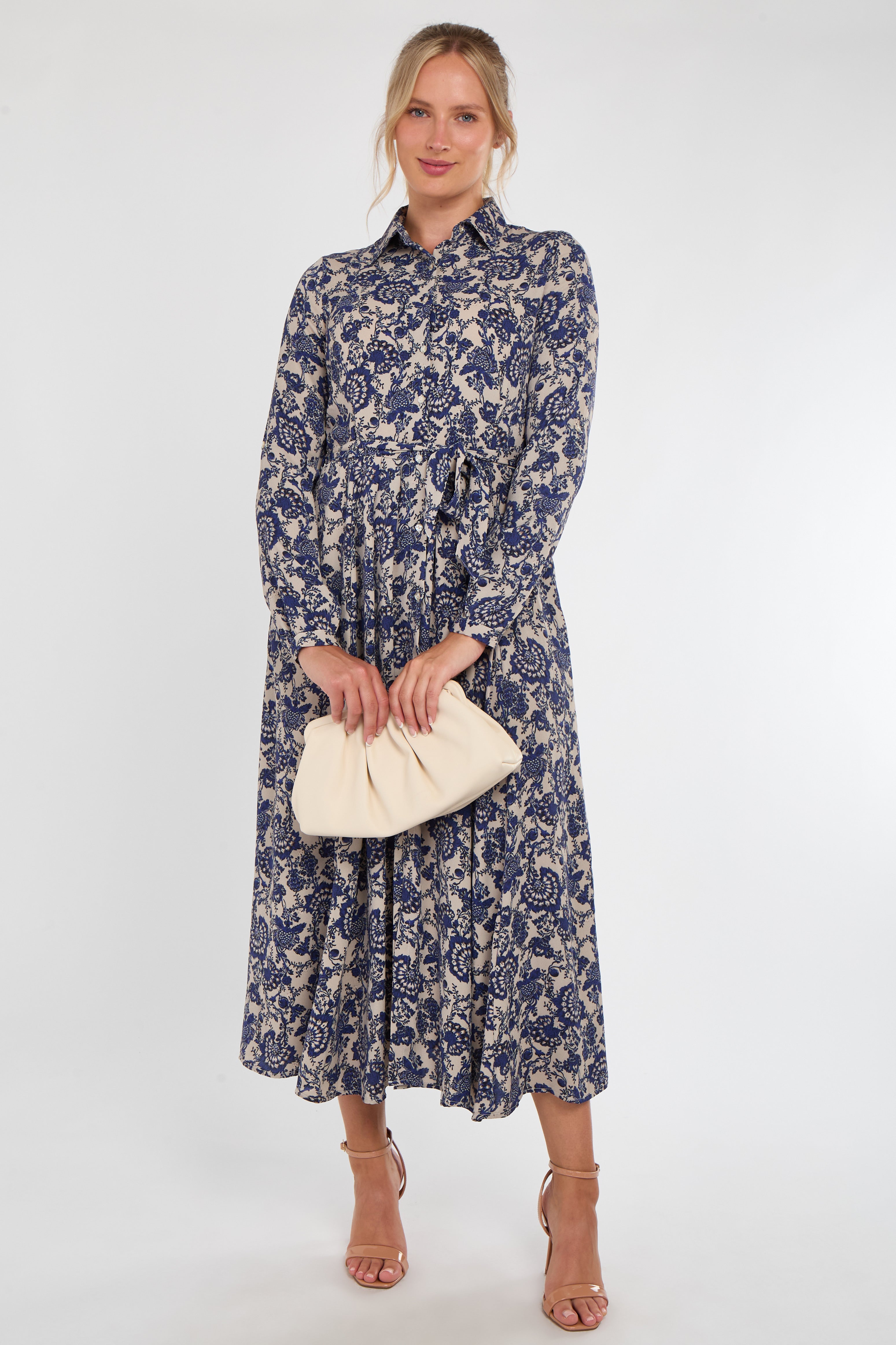 Navy Floral Paisley Print Long Sleeve Maxi Shirt Dress