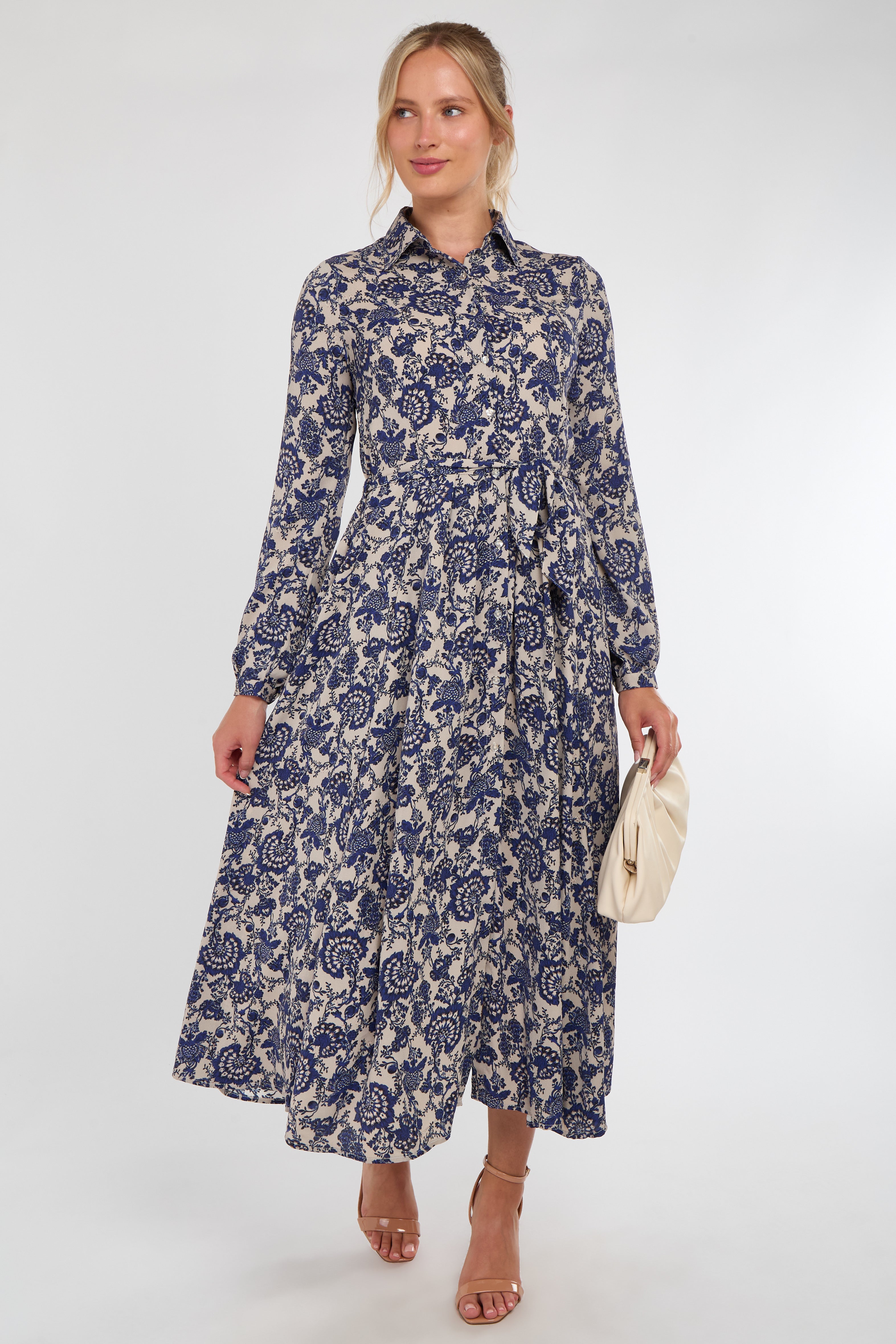 Navy Floral Paisley Print Long Sleeve Maxi Shirt Dress