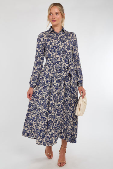 Navy Floral Paisley Print Long Sleeve Maxi Shirt Dress