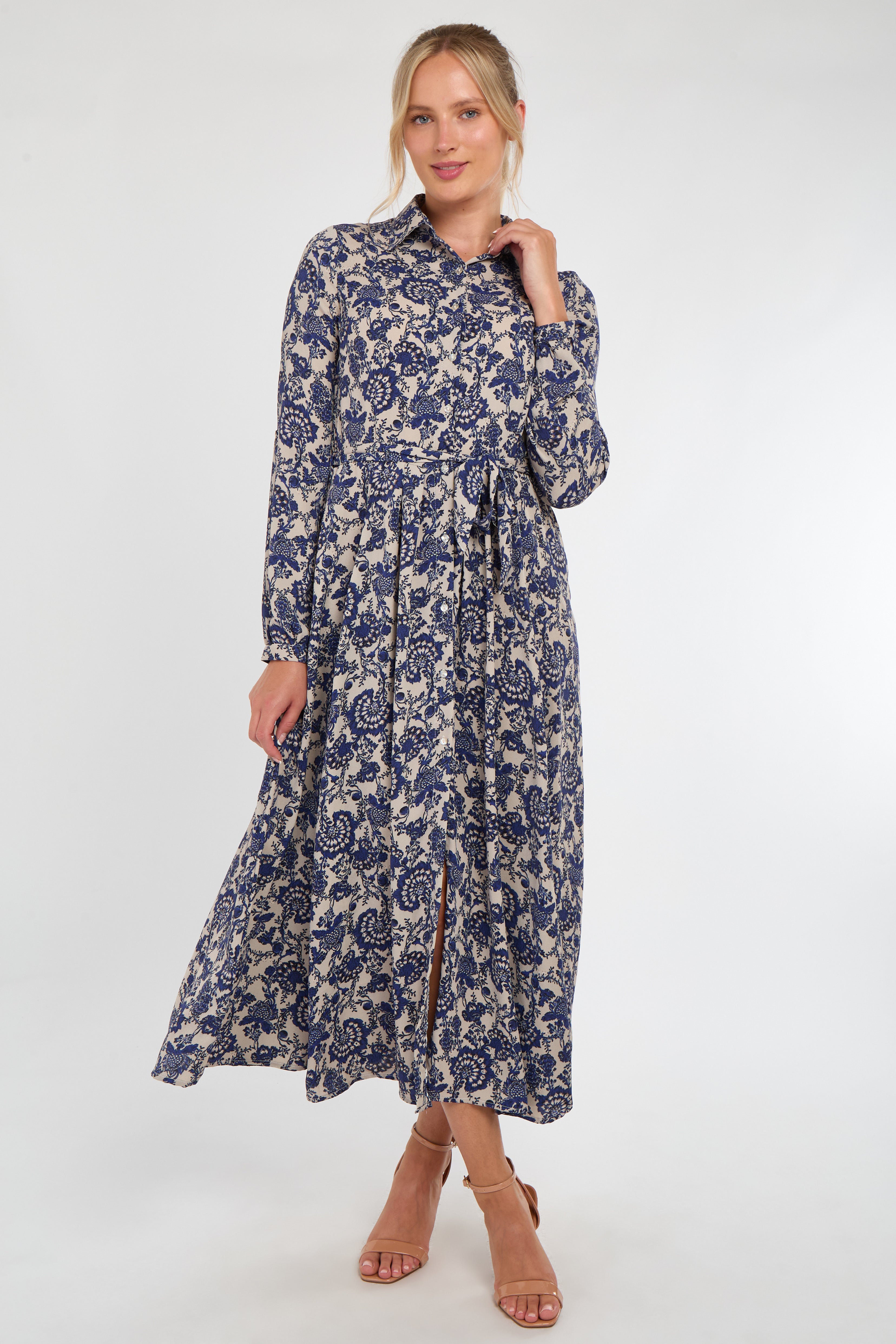 Navy Floral Paisley Print Long Sleeve Maxi Shirt Dress