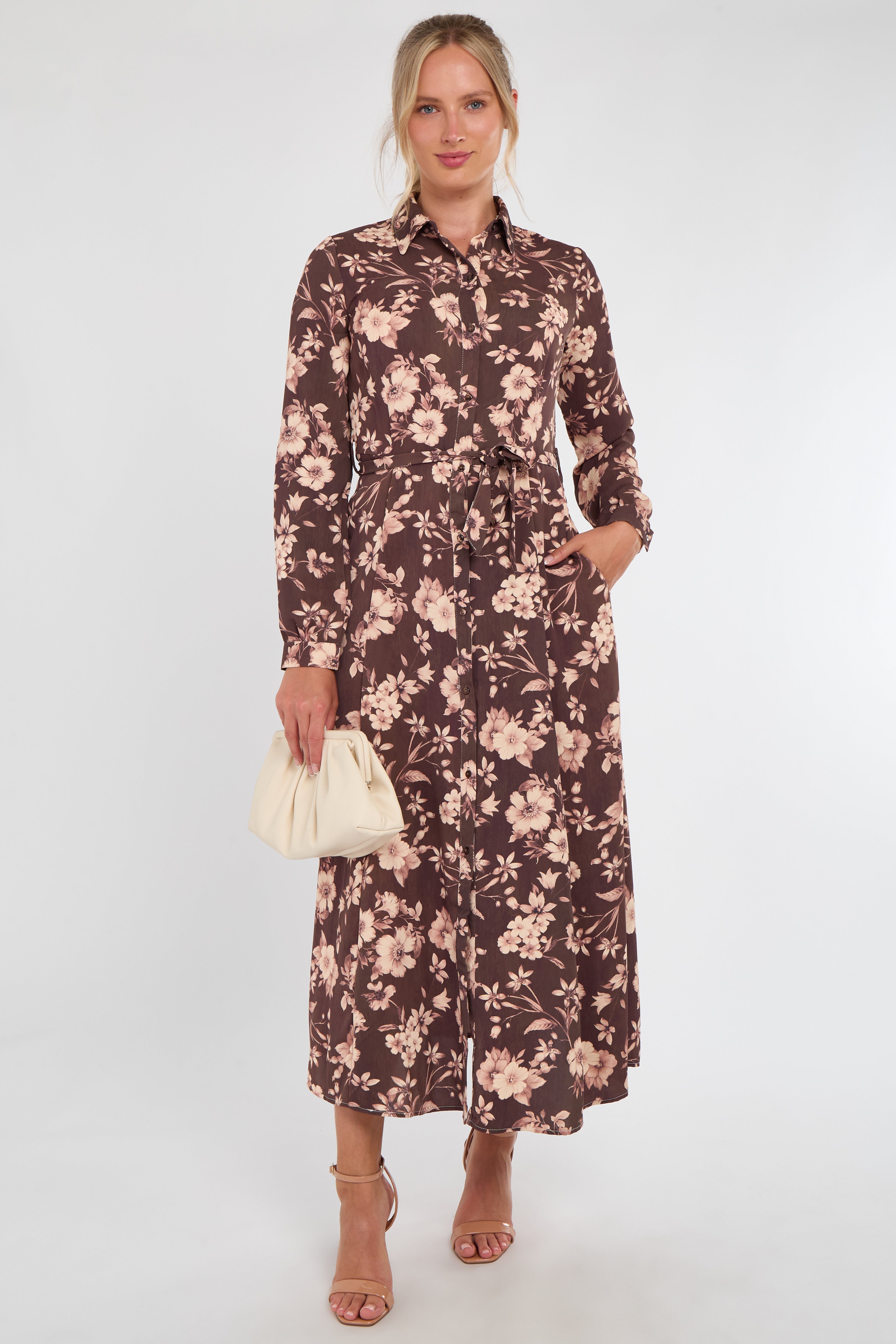 Chocolate and Blush Floral Print Maxi Shirt Dress