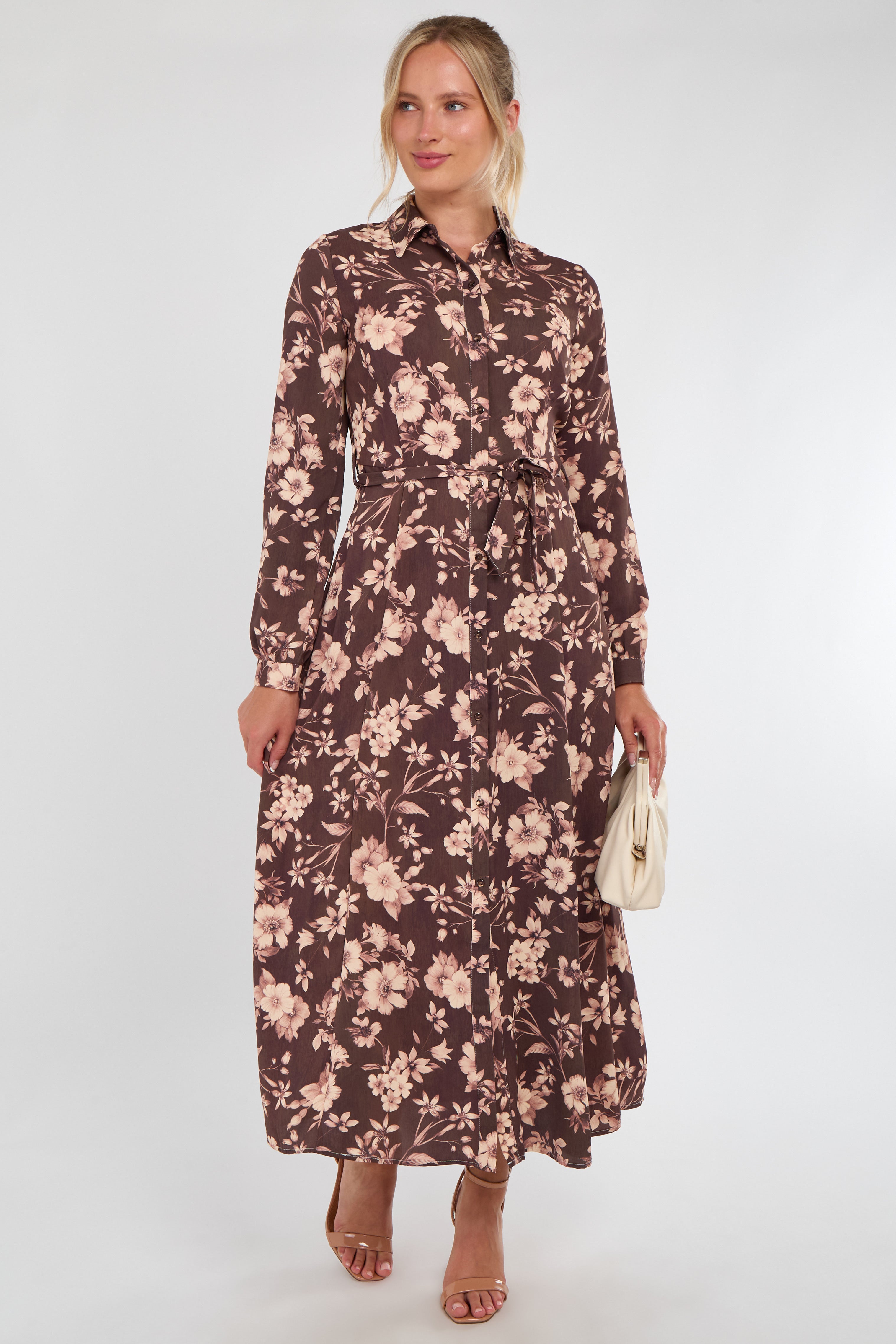 Chocolate and Blush Floral Print Maxi Shirt Dress